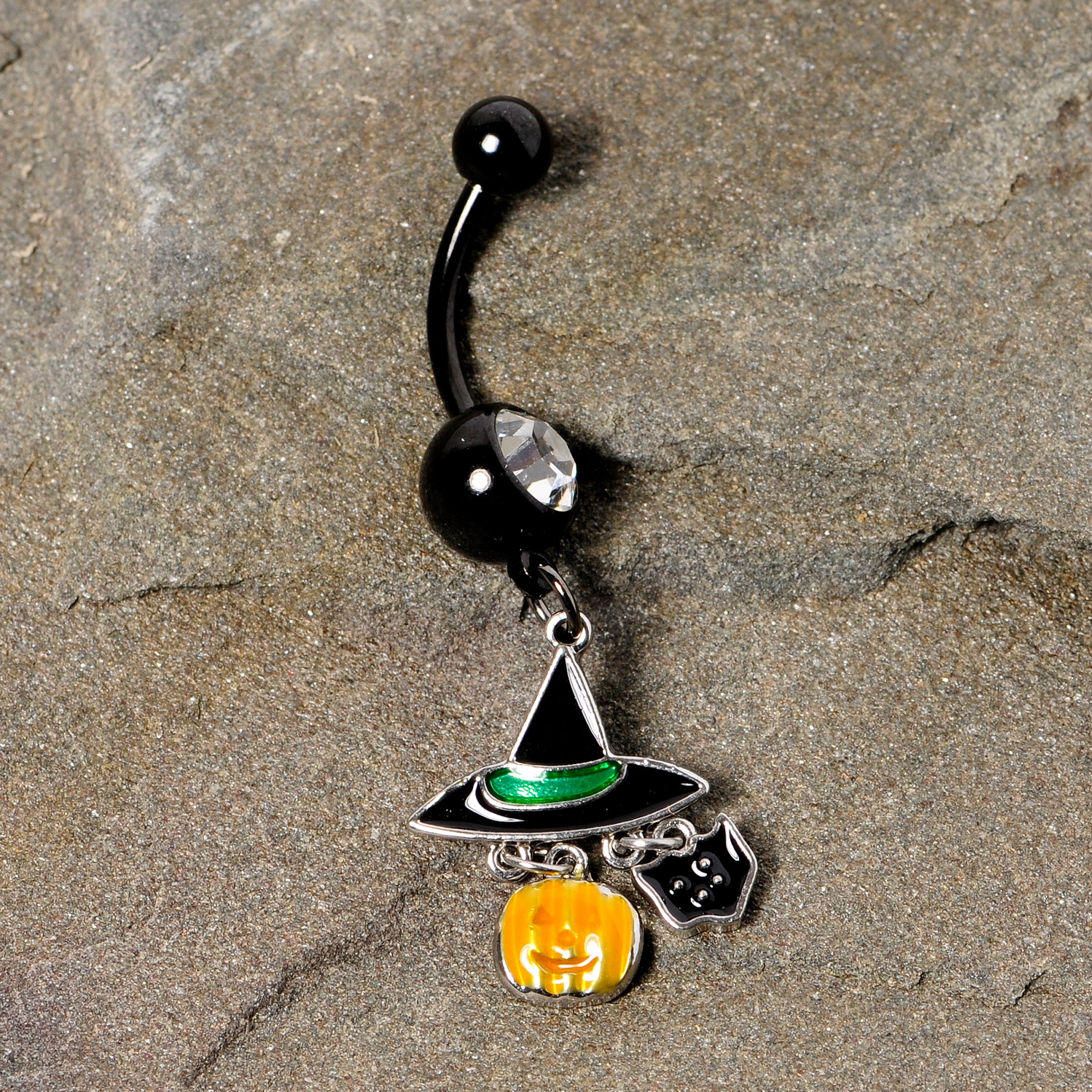 Clear Gem Black Cat Witch Hat Halloween Dangle Belly Ring