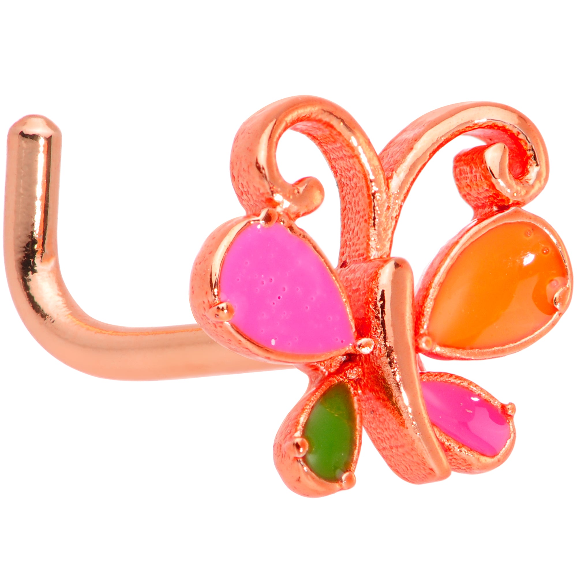 18G 1/4 Pink Orange Rose Gold Tone Butterfly L Shaped Nose Ring