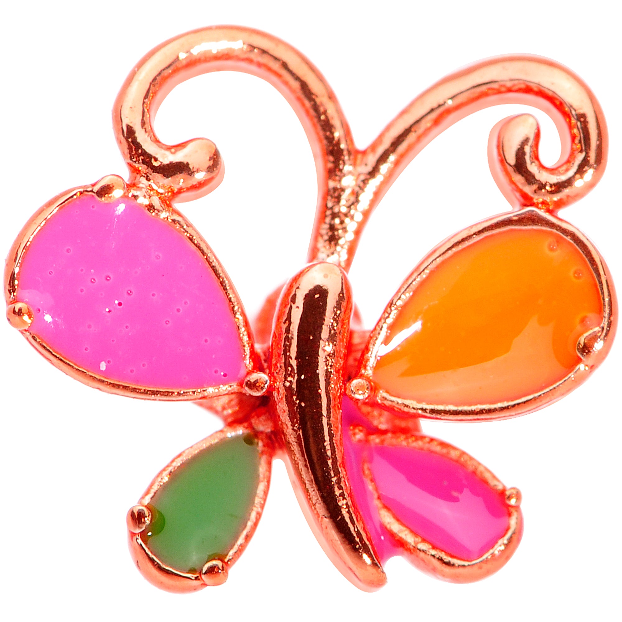 18G 1/4 Pink Orange Rose Gold Tone Butterfly L Shaped Nose Ring