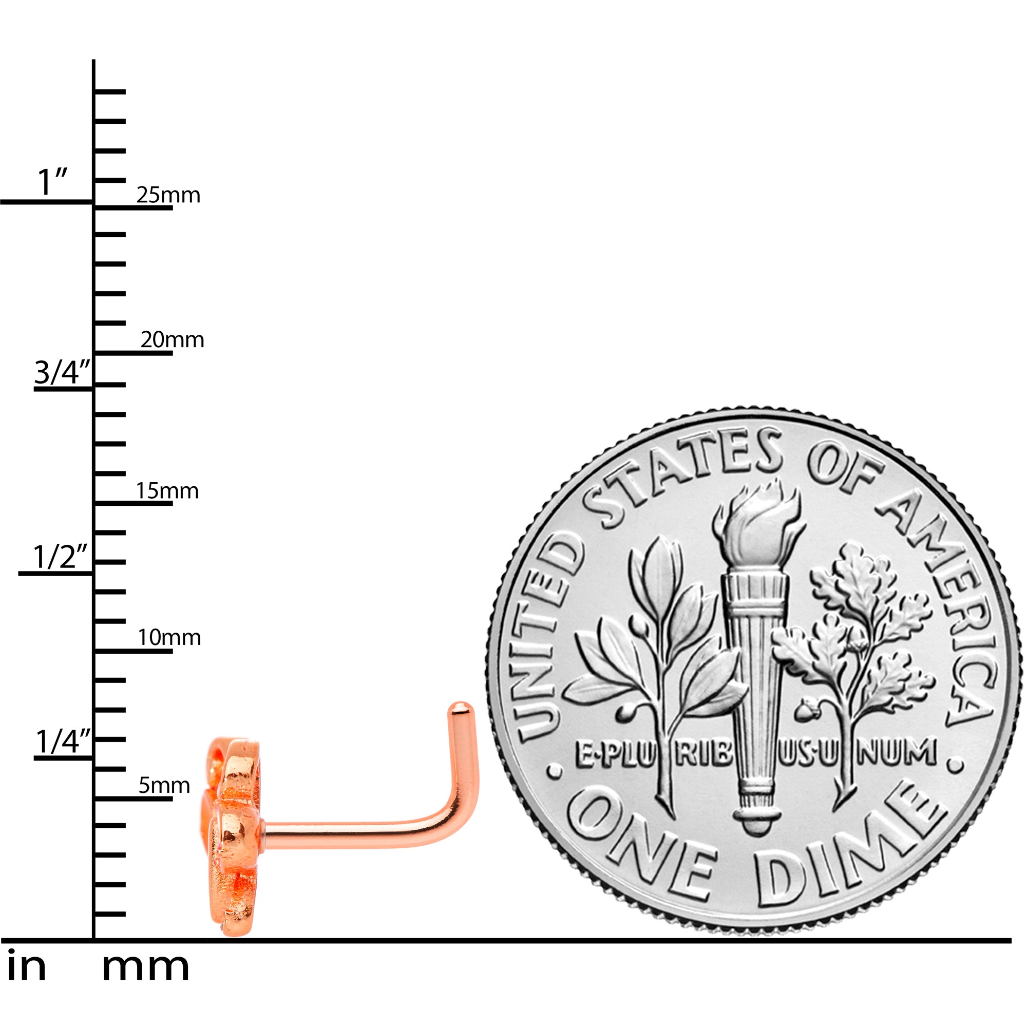 18G 1/4 Pink Orange Rose Gold Tone Butterfly L Shaped Nose Ring