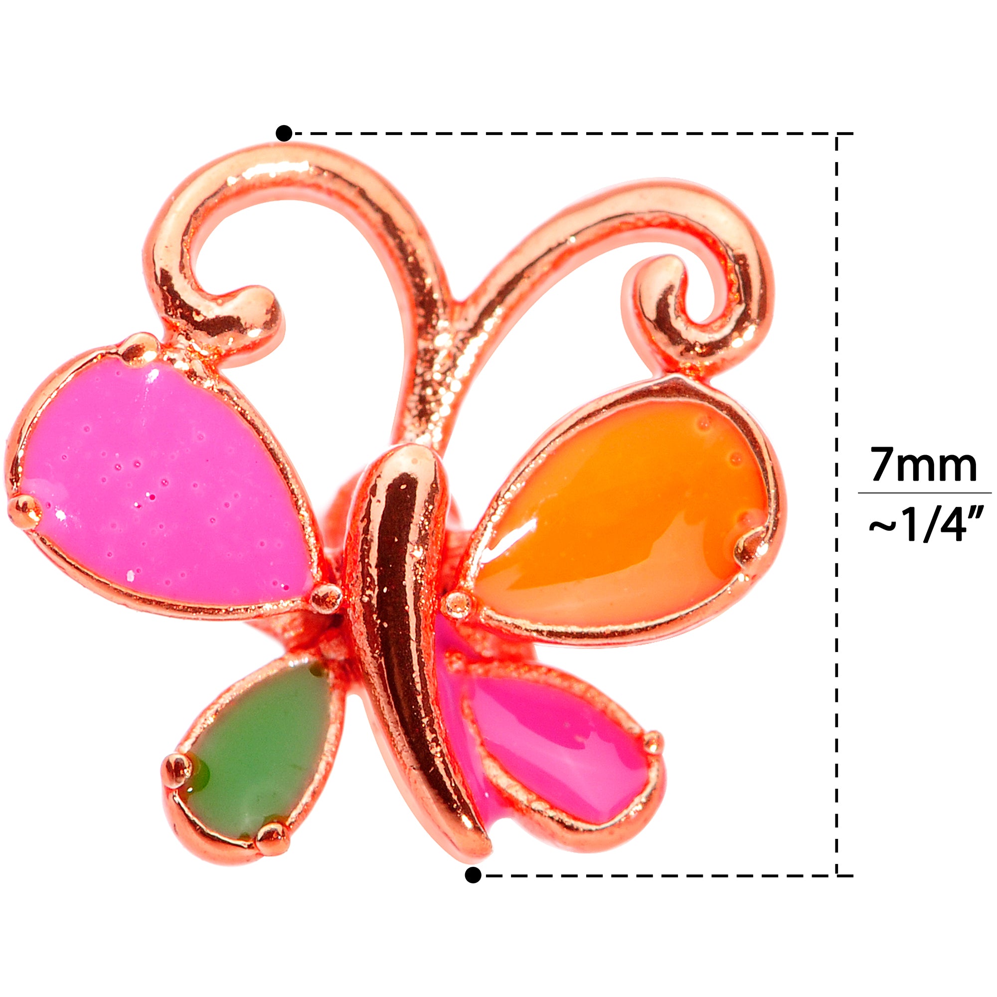 18G 1/4 Pink Orange Rose Gold Tone Butterfly L Shaped Nose Ring