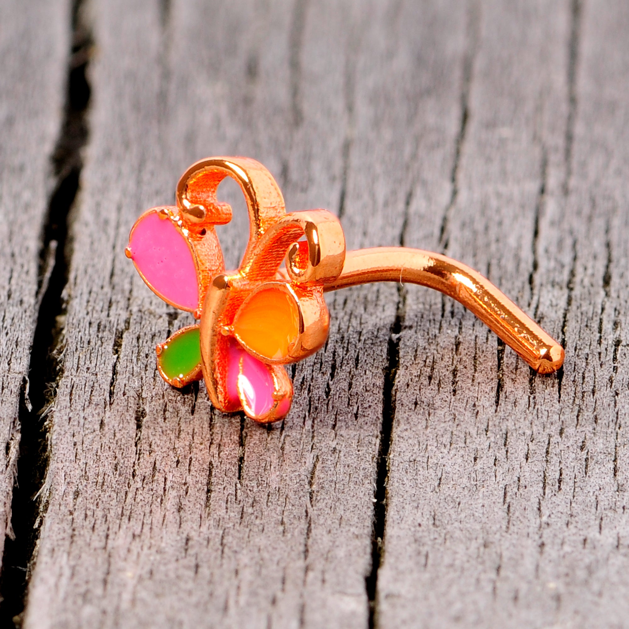 18G 1/4 Pink Orange Rose Gold Tone Butterfly L Shaped Nose Ring