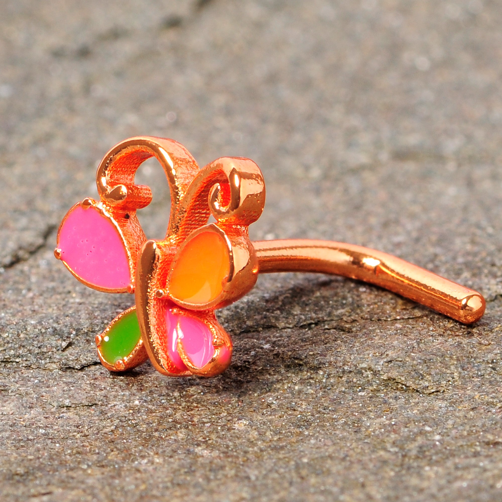 18G 1/4 Pink Orange Rose Gold Tone Butterfly L Shaped Nose Ring