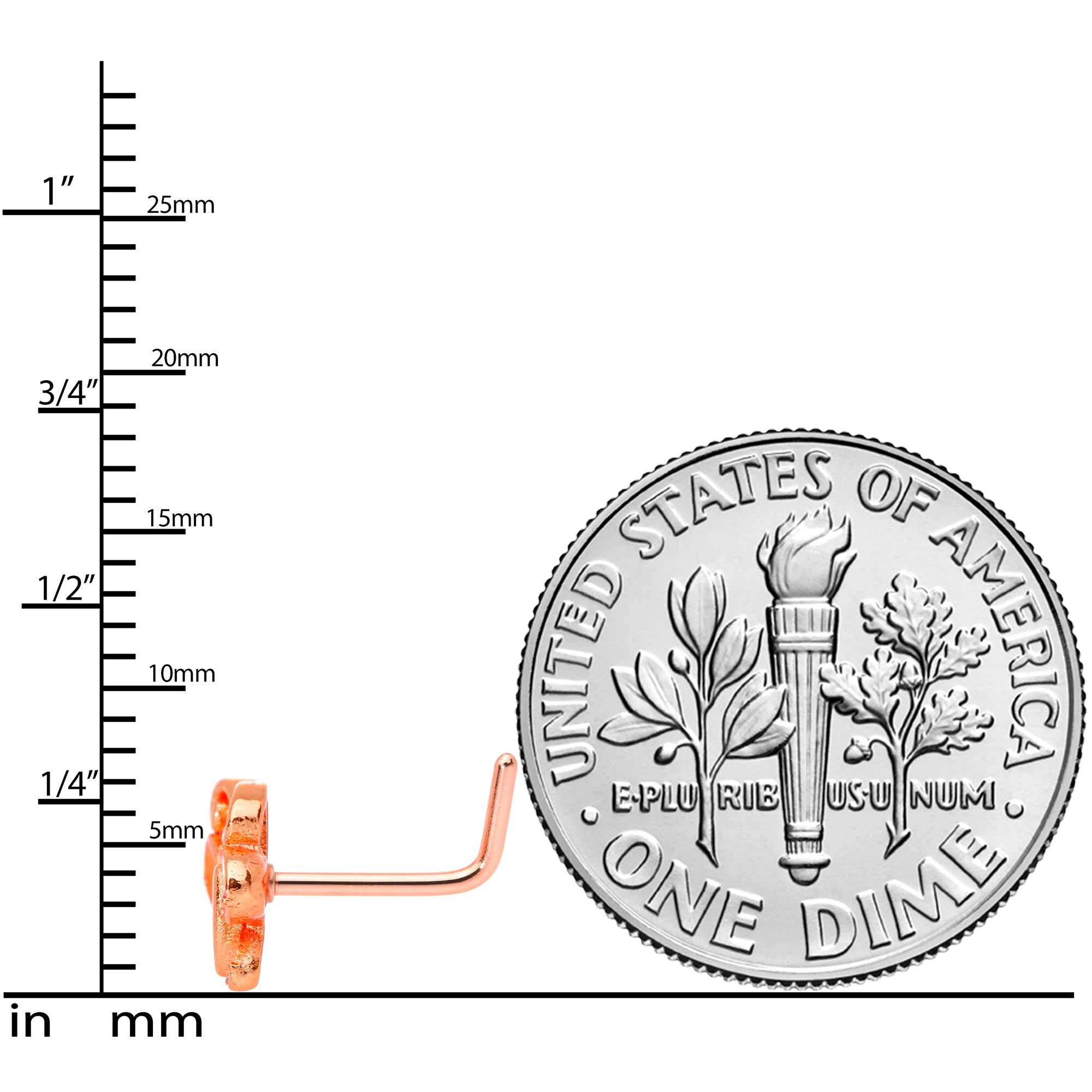 20G 1/4 Pink Orange Rose Gold Tone Butterfly L Shaped Nose Ring