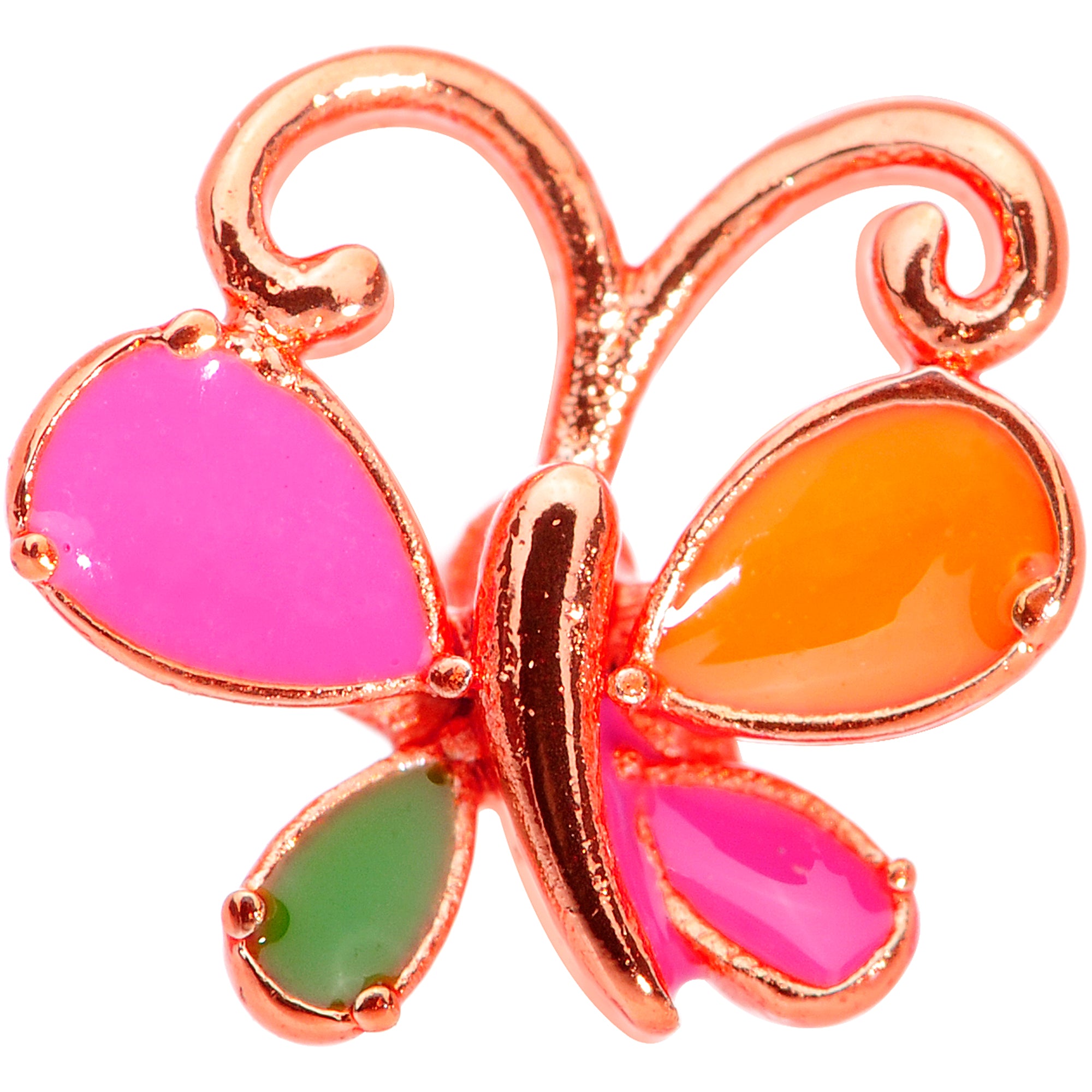 22G 1/4 Pink Orange Rose Gold Tone Butterfly L Shaped Nose Ring