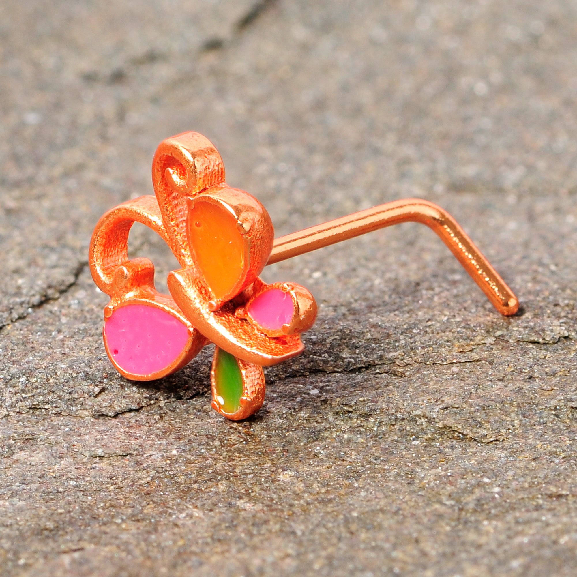 22G 1/4 Pink Orange Rose Gold Tone Butterfly L Shaped Nose Ring