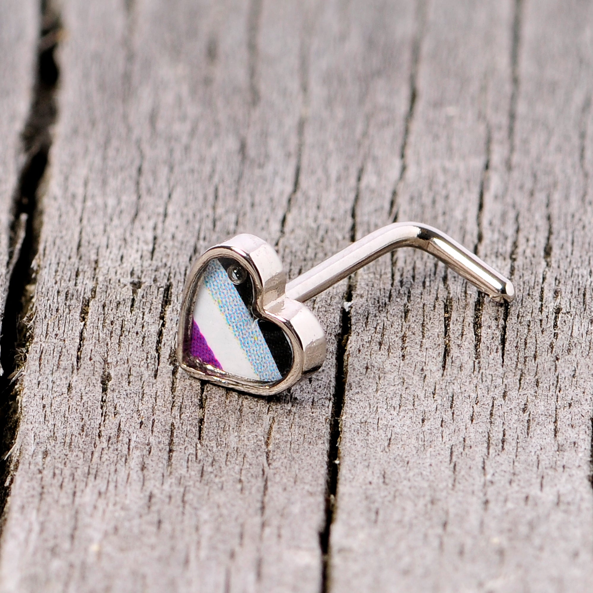 20G 5/16 Black Grey Purple Asexual Pride Heart L Shaped Nose Ring
