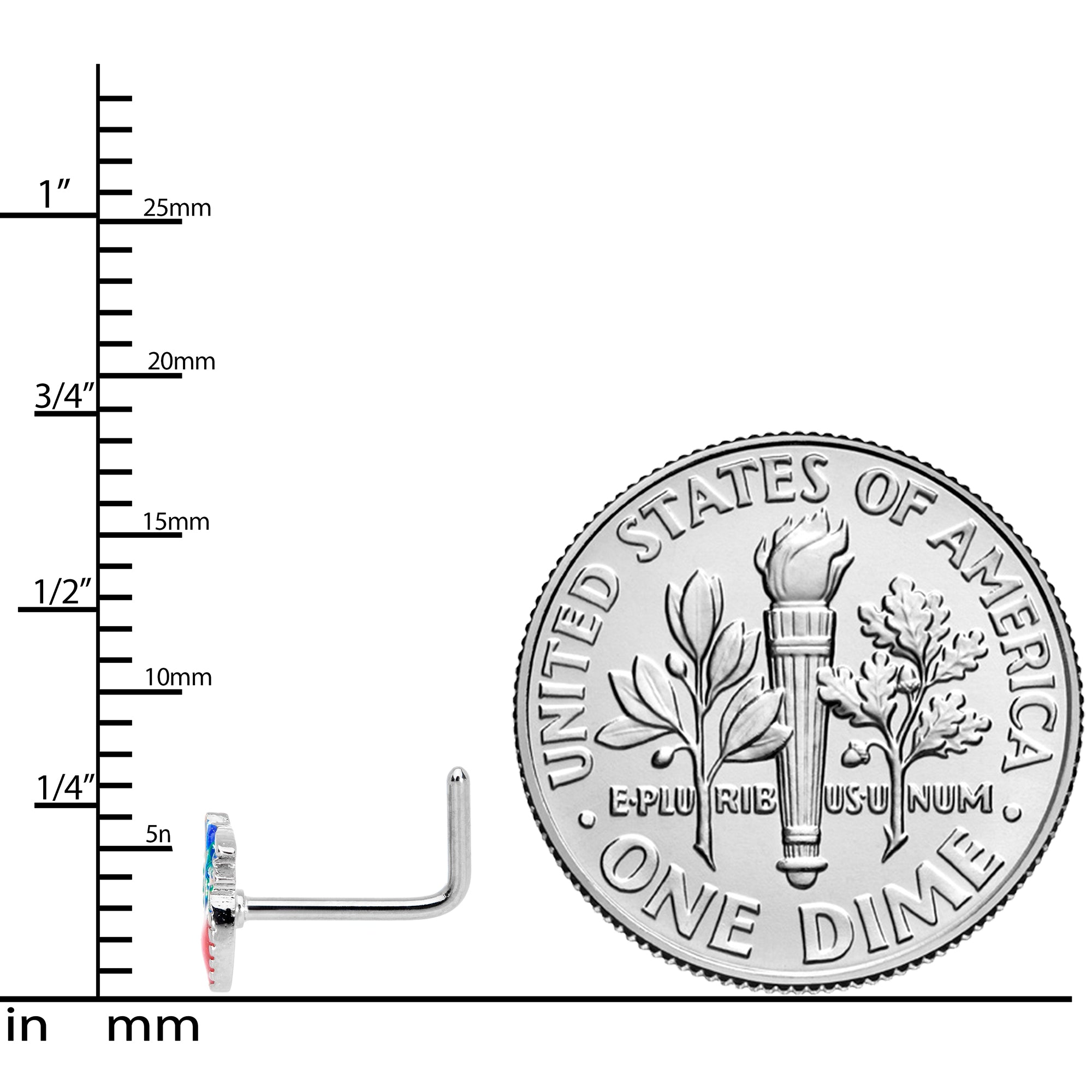 20G 1/4 Blue Green Red Feather L Shaped Nose Ring