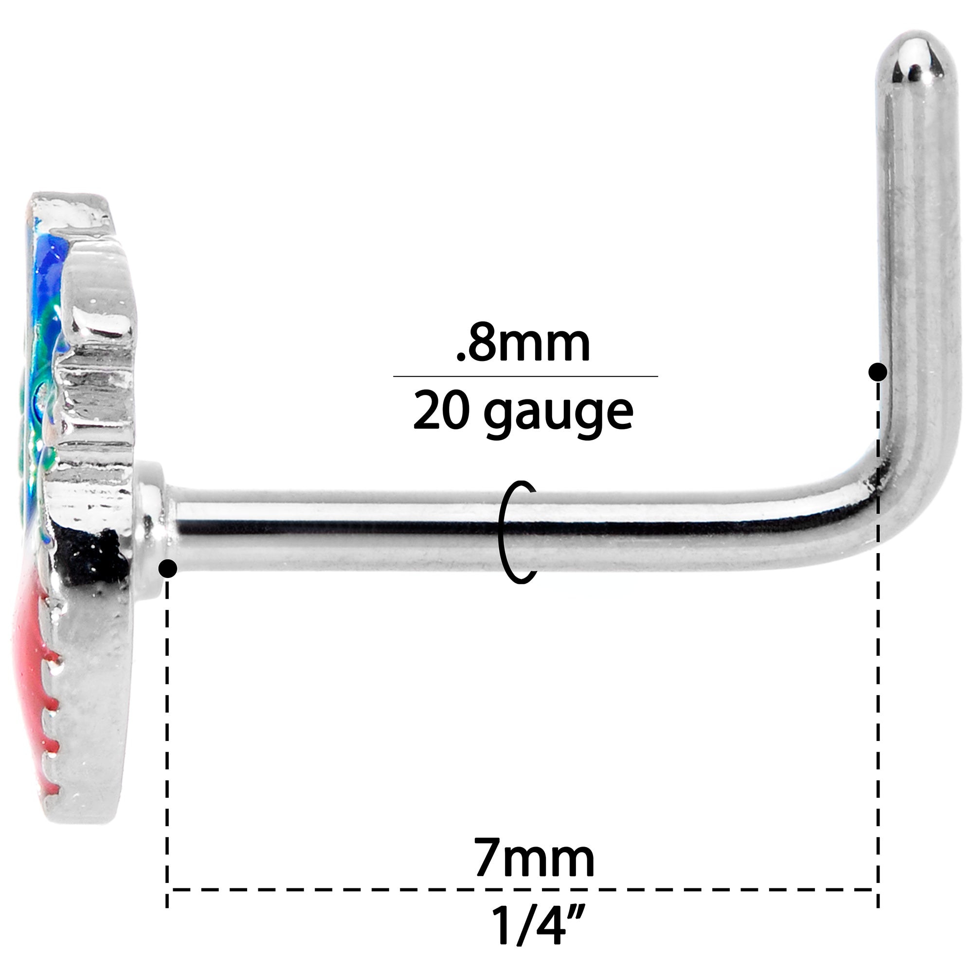 20G 1/4 Blue Green Red Feather L Shaped Nose Ring