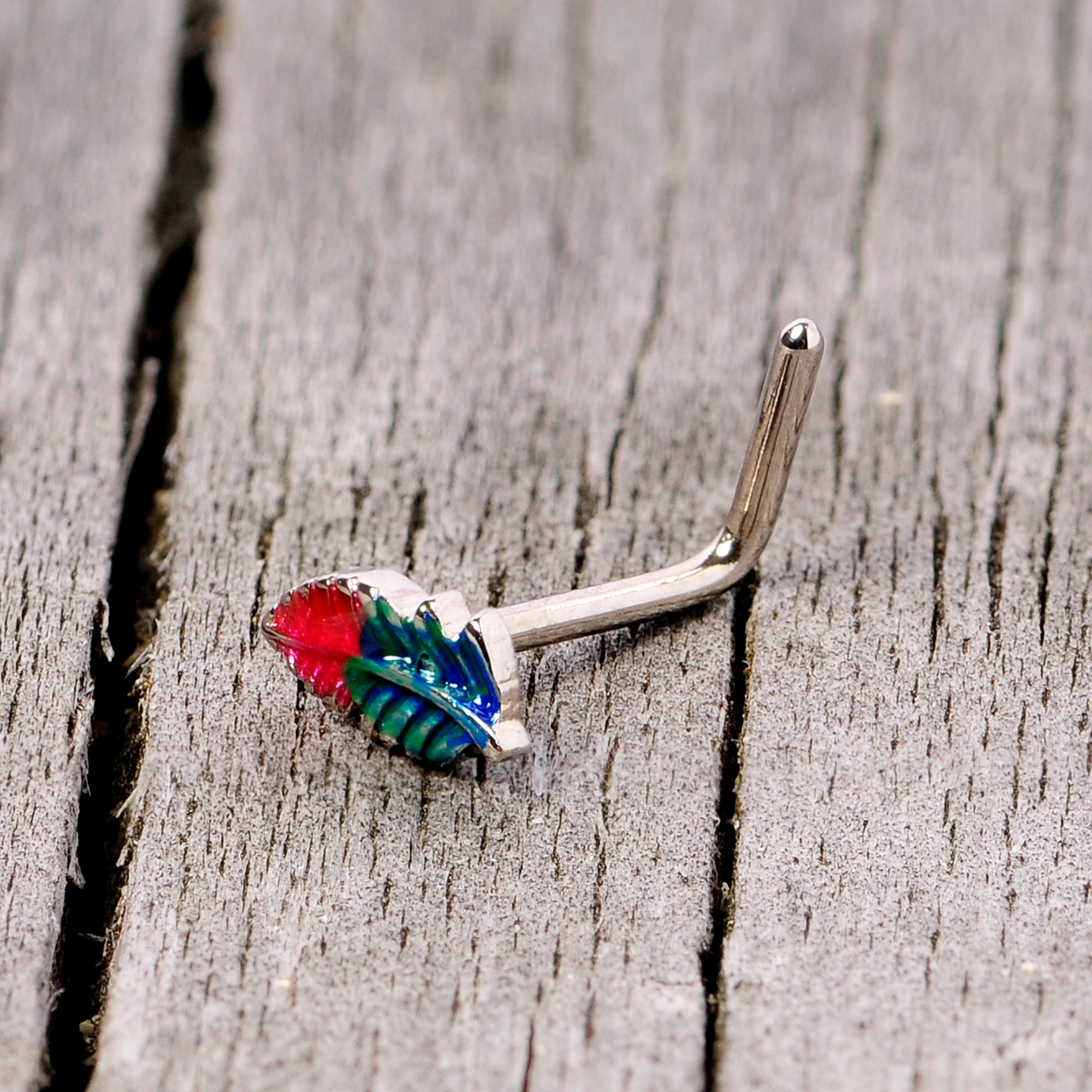 20G 1/4 Blue Green Red Feather L Shaped Nose Ring