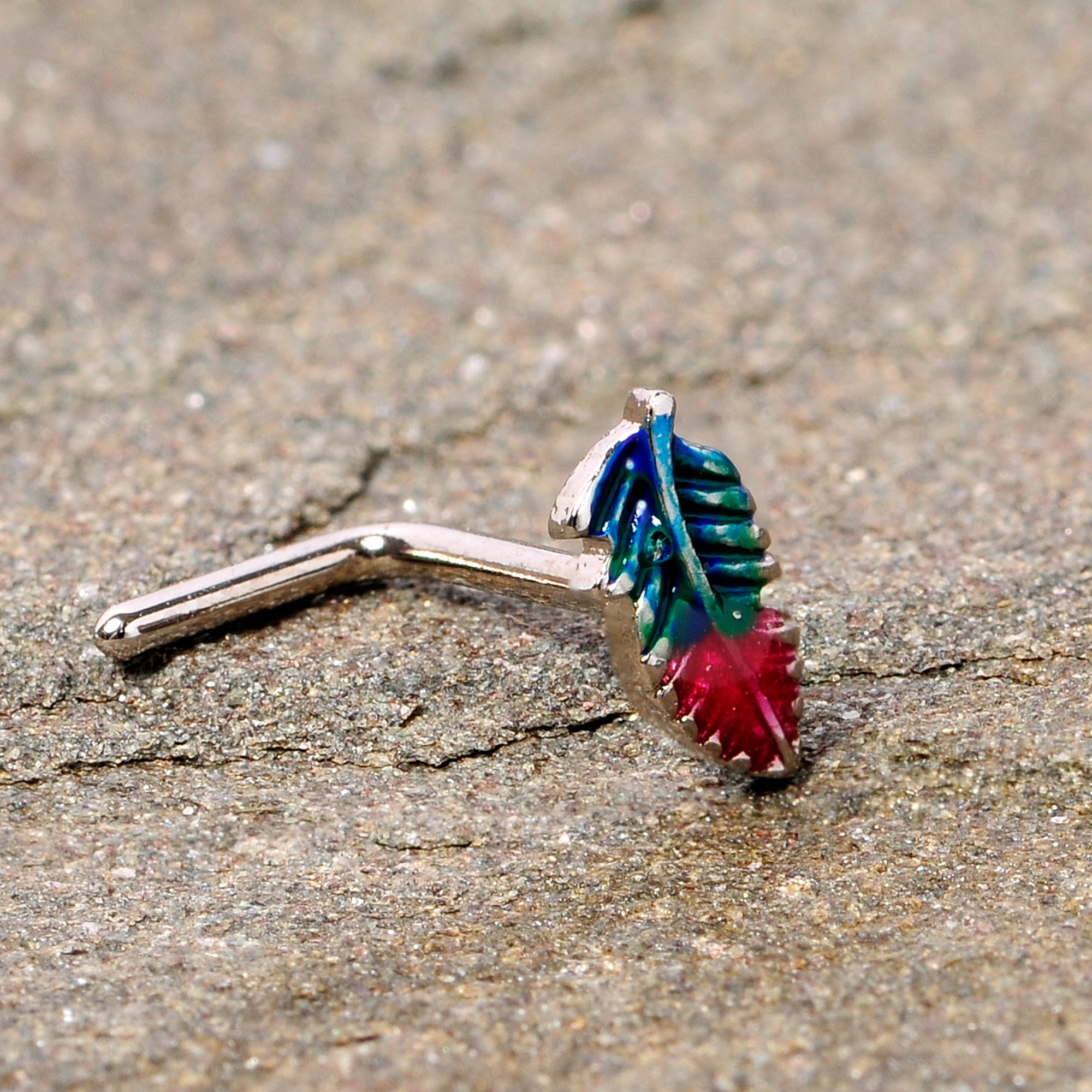 20G 1/4 Blue Green Red Feather L Shaped Nose Ring