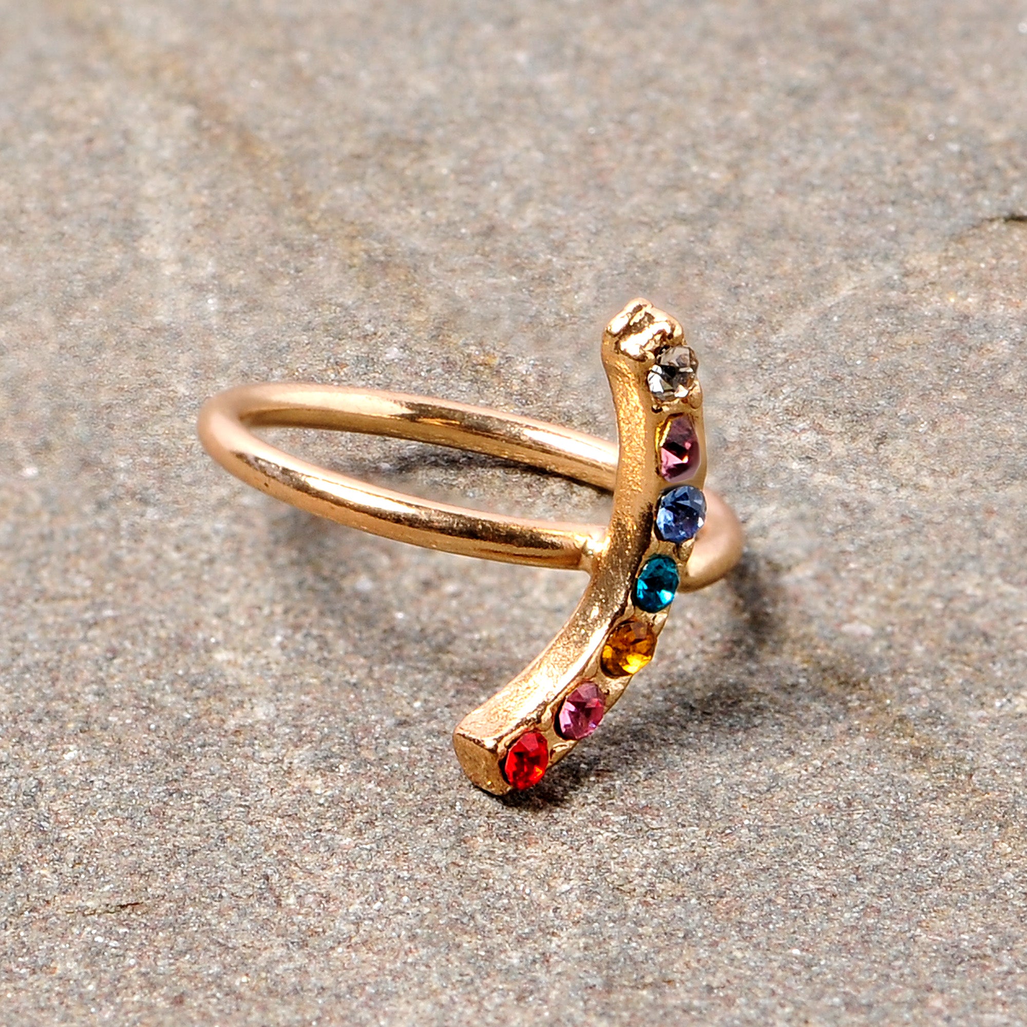 18G 3/8 Red Blue CZ Gem Gold Tone Rainbow Arc Nose Hoop