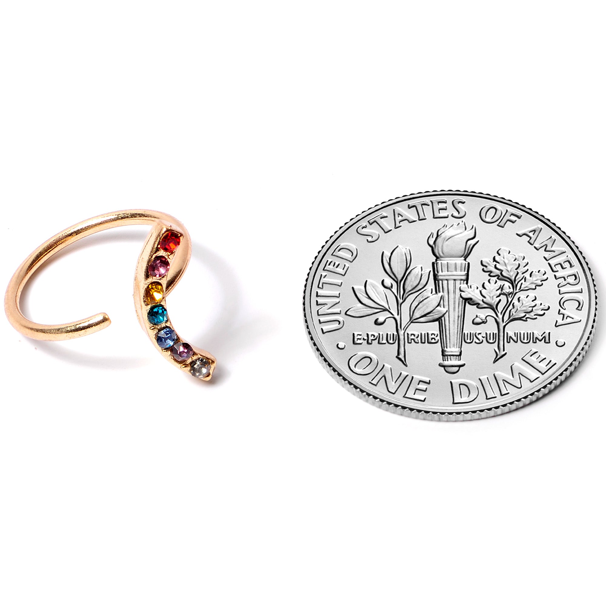 18G 3/8 Red Blue CZ Gem Gold Tone Rainbow Arc Nose Hoop