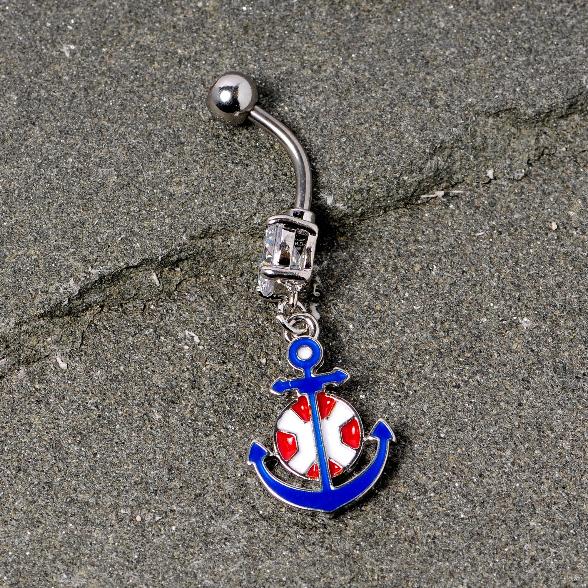 Clear Gem Blue Red Life Ring Anchor Nautical Belly Ring