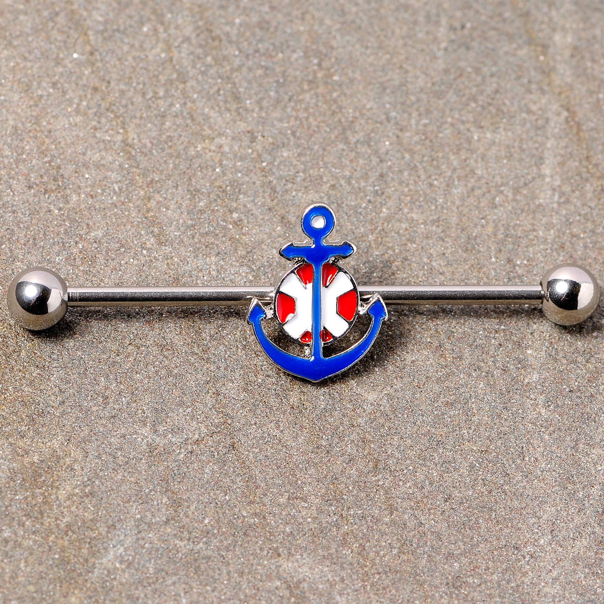 14G Blue Red Life Ring Anchor Nautical Industrial Barbell 38mm