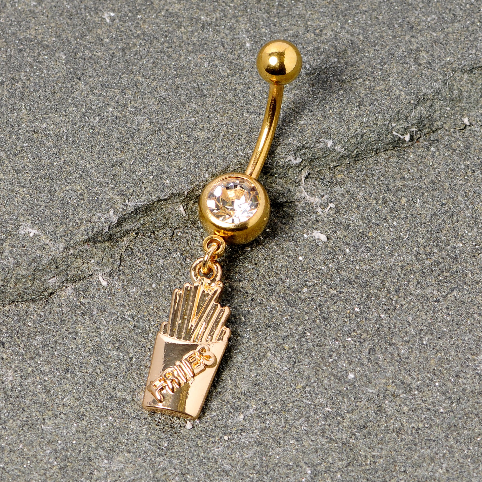 Clear Gem Gold Tone Fast Food French Fries Dangle Belly Ring
