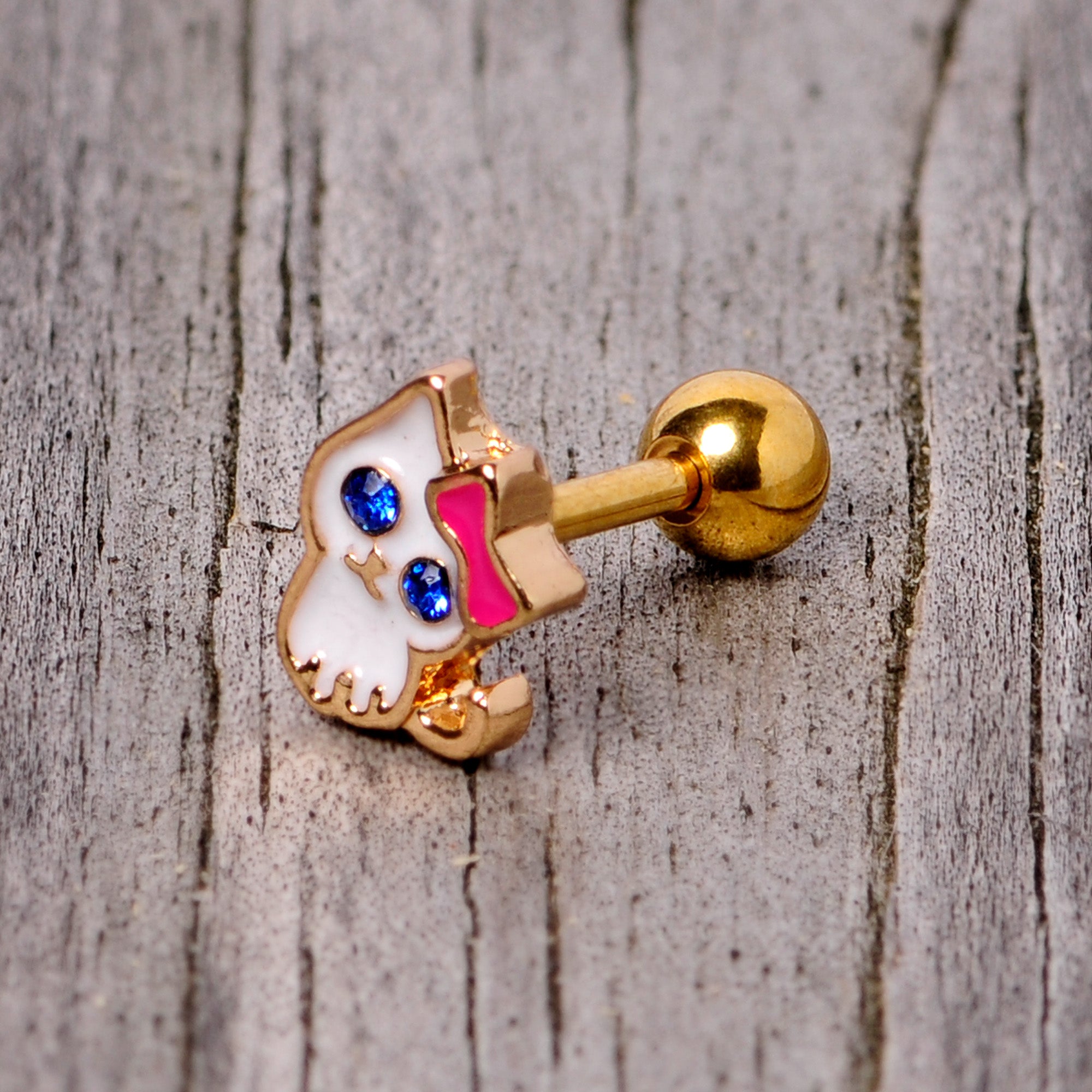 16G 1/4 Blue Gem Gold Tone Sweet Kitty Cat Cartilage Tragus