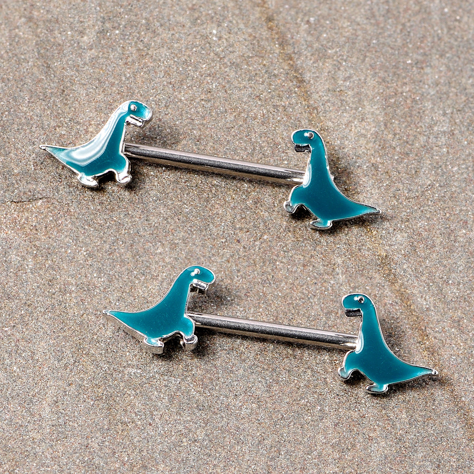 14G 9/16 Darling Green Dinosaur Barbell Nipple Ring Set