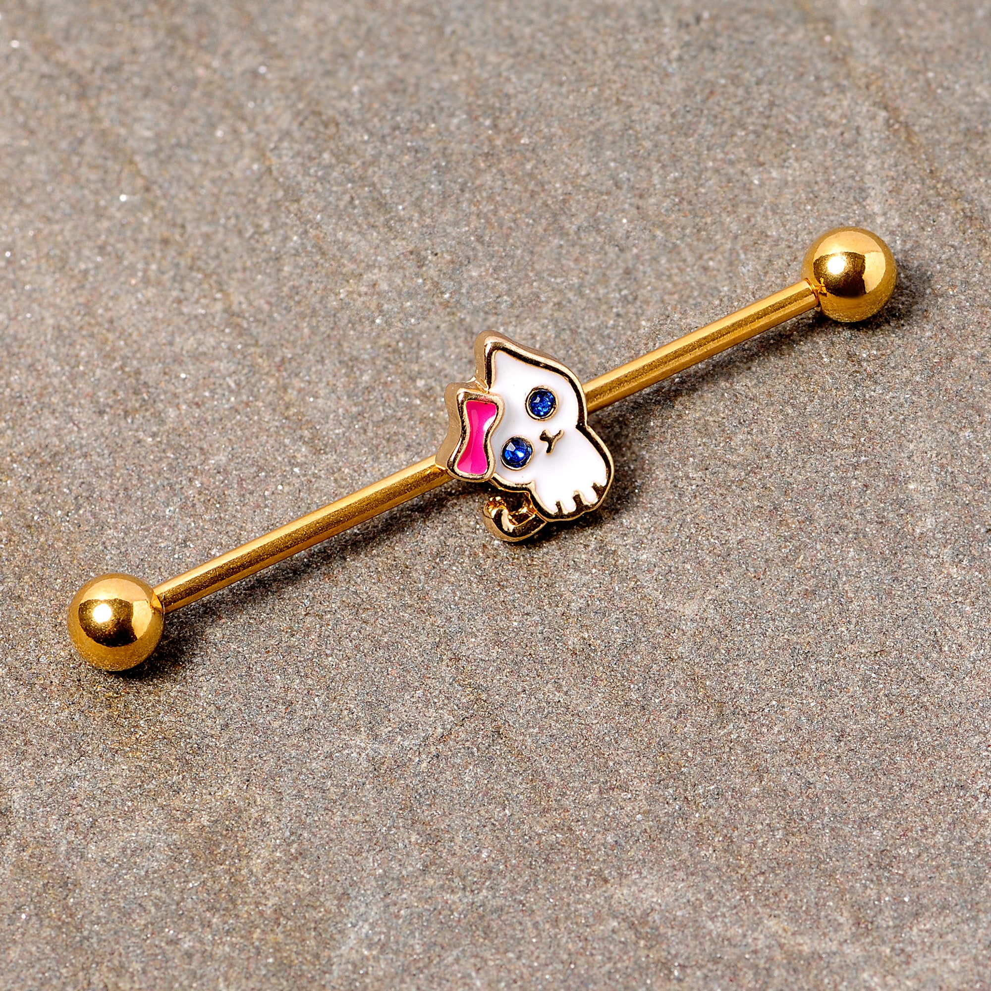 14G Blue Gem Gold Tone Sweet Kitty Cat Industrial Barbell 38mm