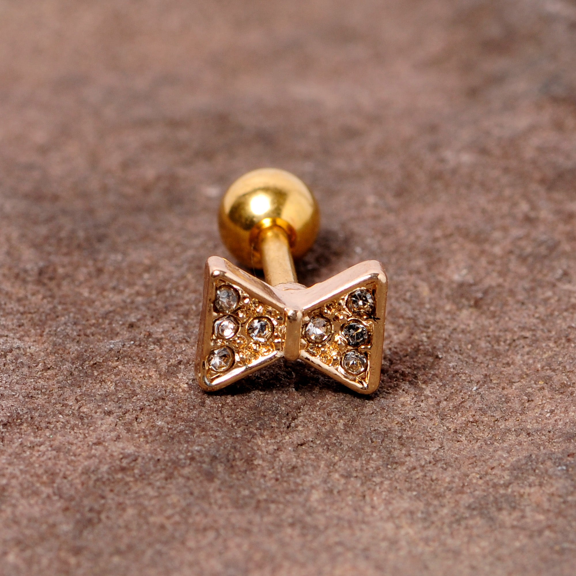 16G 1/4 Clear Gem Gold Tone Bow Tie Cartilage Tragus Earring