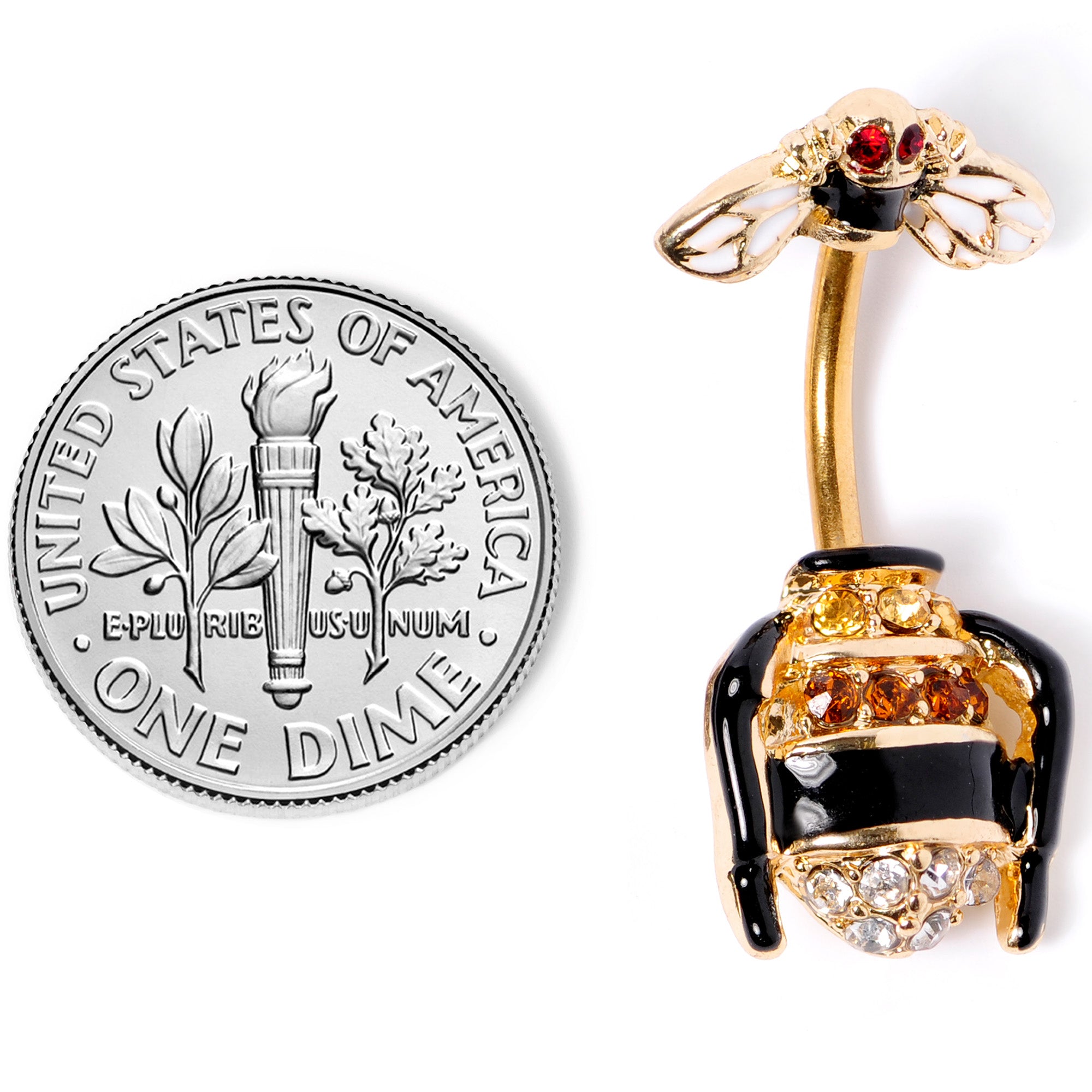 Clear Black Yellow Gem Gold Tone Bee Double Mount Belly Ring