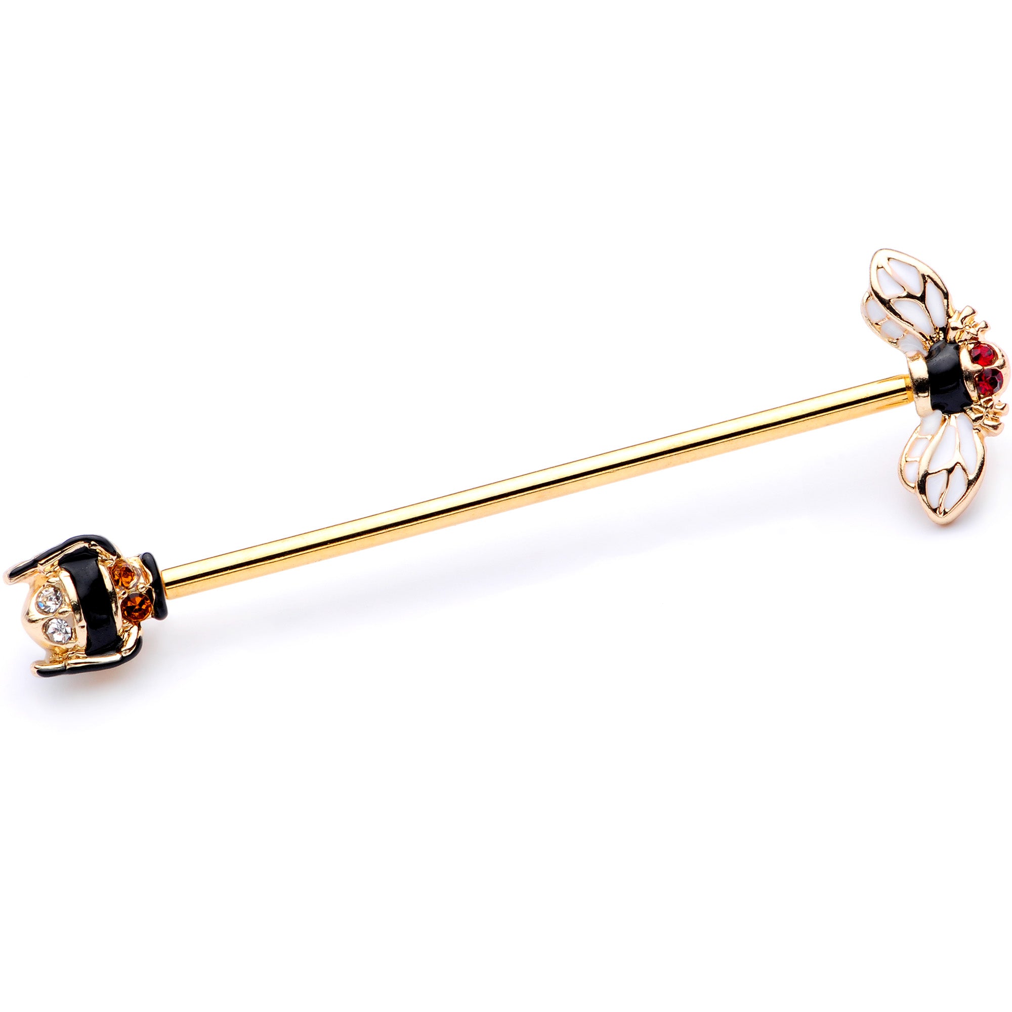 14G Clear Black Yellow Gem Gold Tone Bee Industrial Barbell 38mm