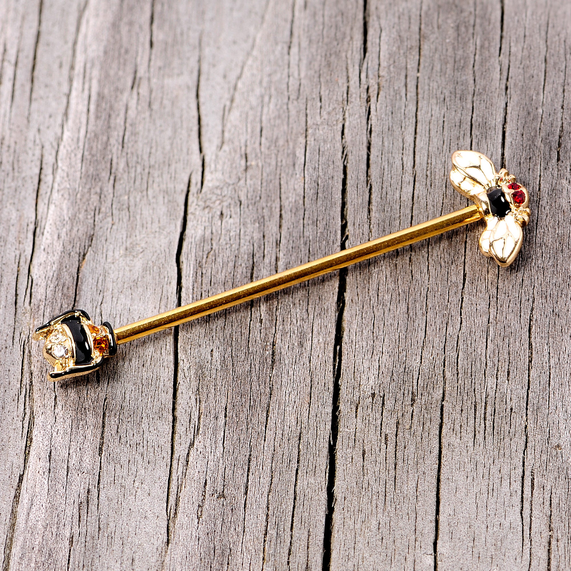 14G Clear Black Yellow Gem Gold Tone Bee Industrial Barbell 38mm