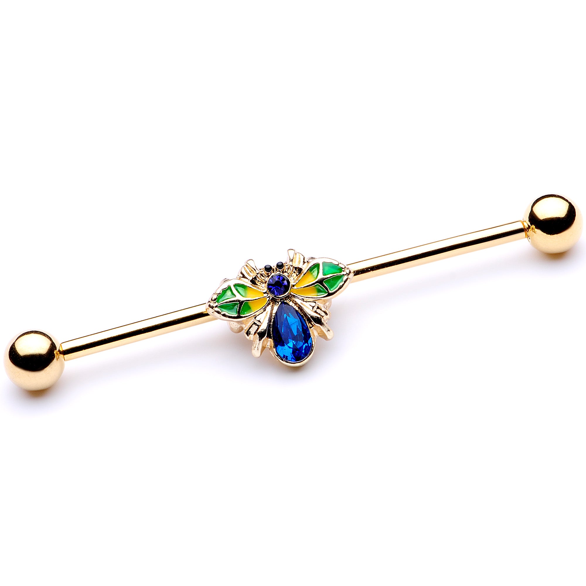 14G Blue Gem Gold Tone Colorful Bee Industrial Barbell 38mm