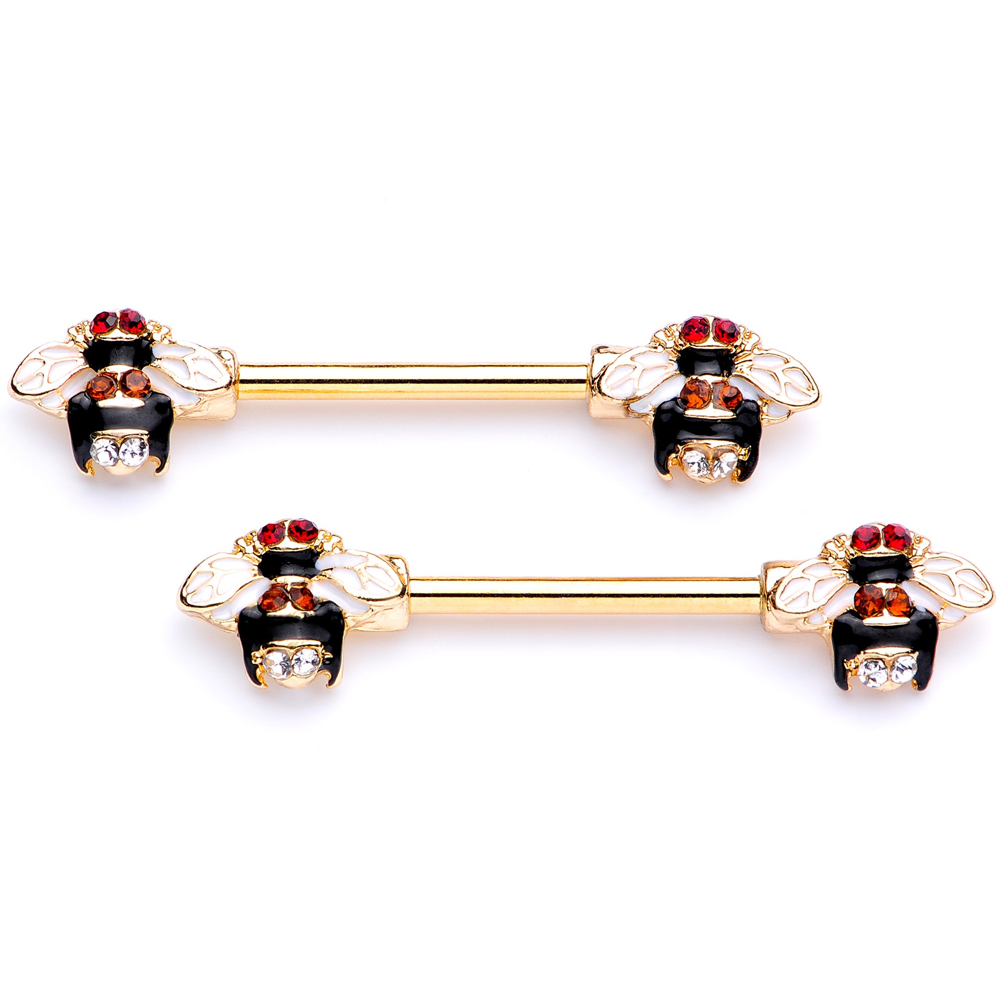 14G 9/16 Clear Yellow Gem Gold Tone Bee Barbell Nipple Ring Set