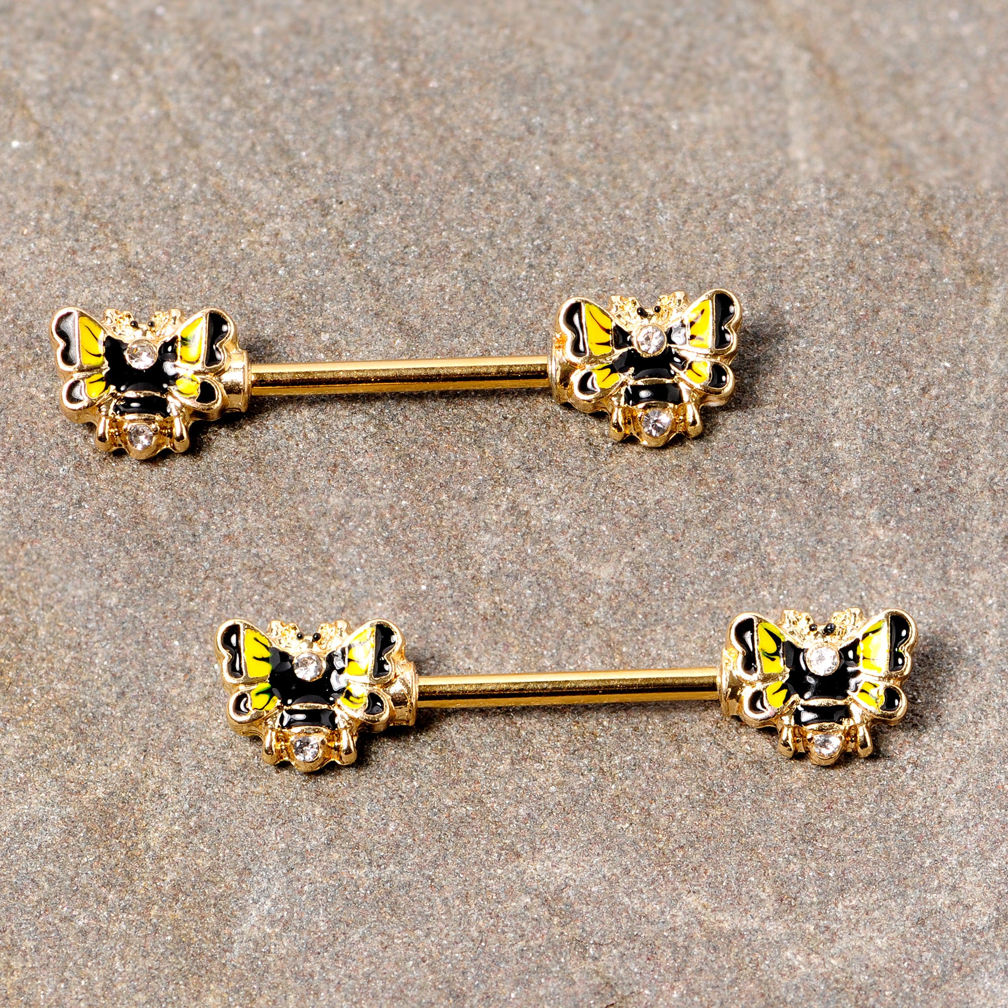 14G 9/16 Clear Gem Gold Tone Butterfly Barbell Nipple Ring Set
