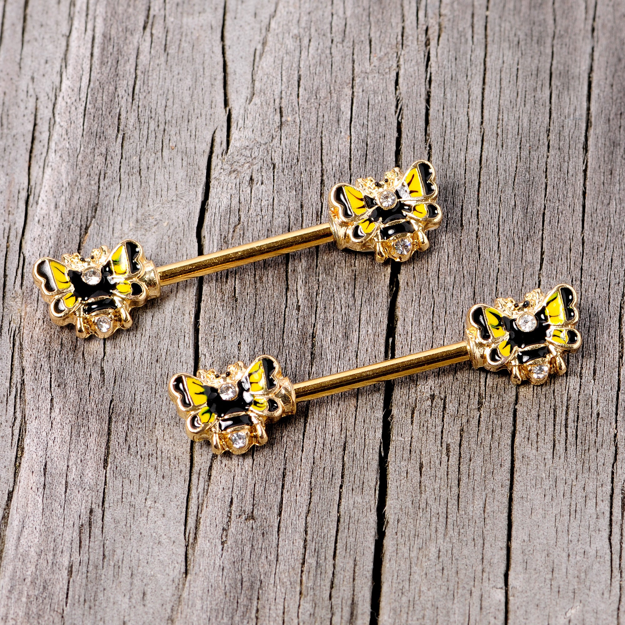 14G 9/16 Clear Gem Gold Tone Butterfly Barbell Nipple Ring Set