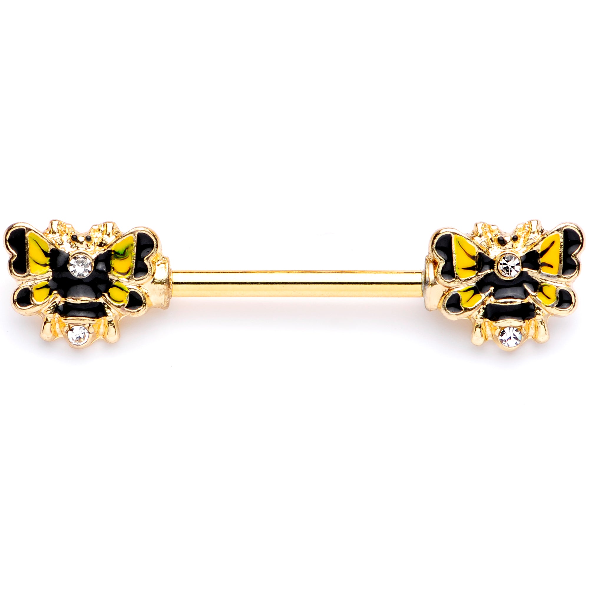 14G 9/16 Clear Gem Gold Tone Butterfly Barbell Nipple Ring Set