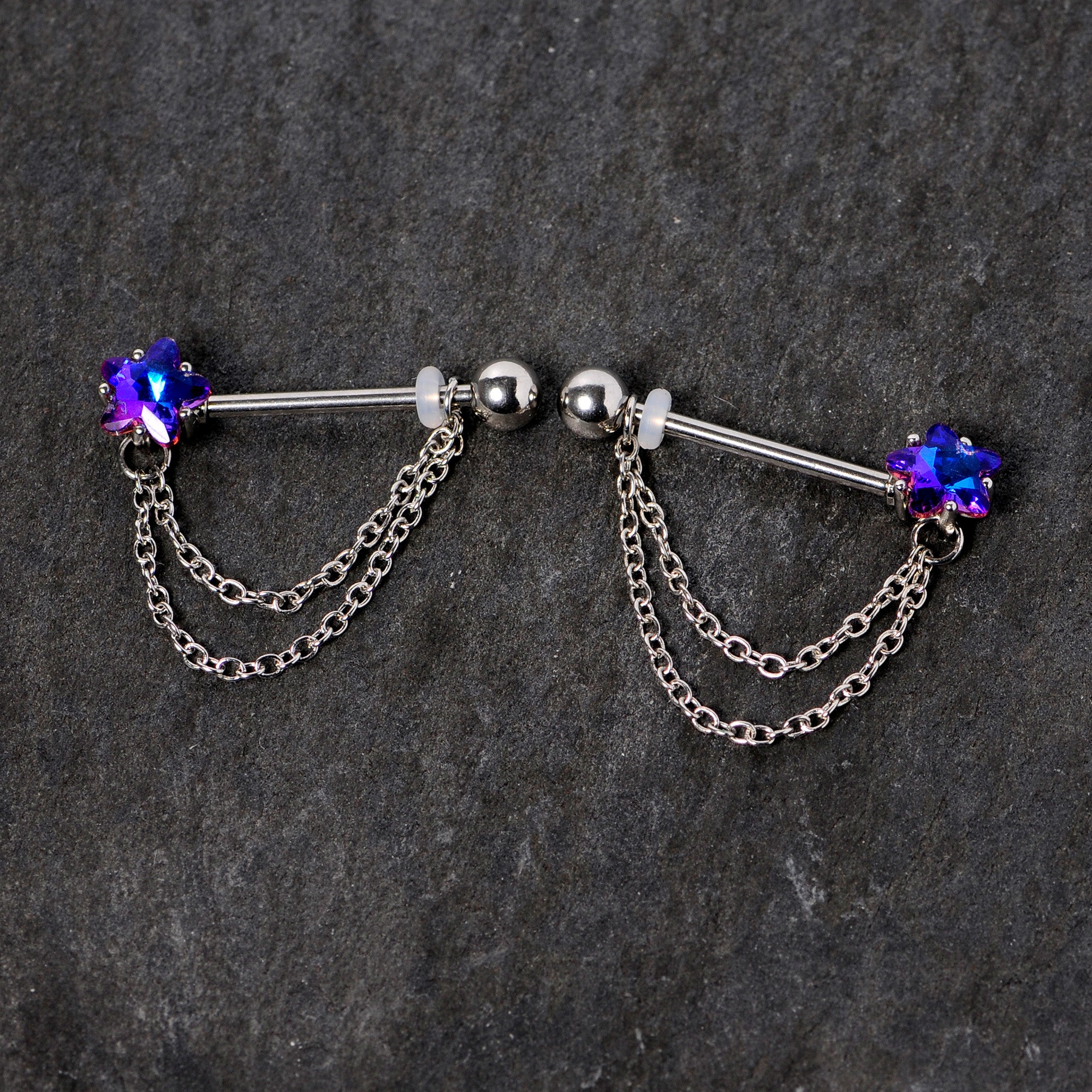14G 5/8 Blue Purple Gem Star Chain Dangle Barbell Nipple Ring Set