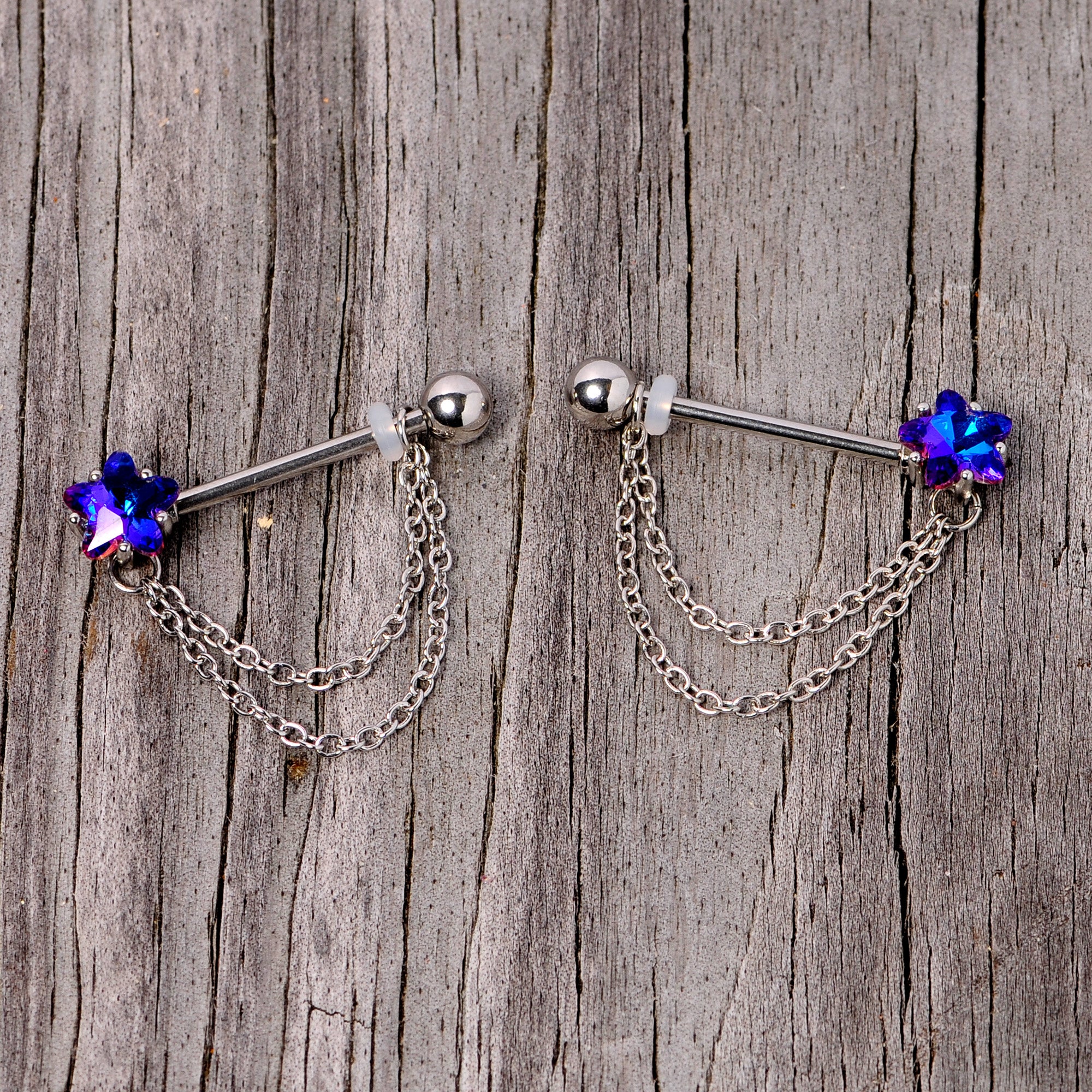 14G 5/8 Blue Purple Gem Star Chain Dangle Barbell Nipple Ring Set