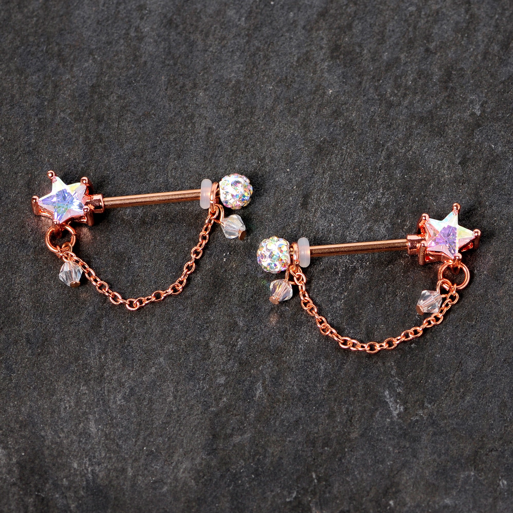 14G 5/8 Aurora Gem Rose Gold Tone Star Dangle Nipple Ring Set