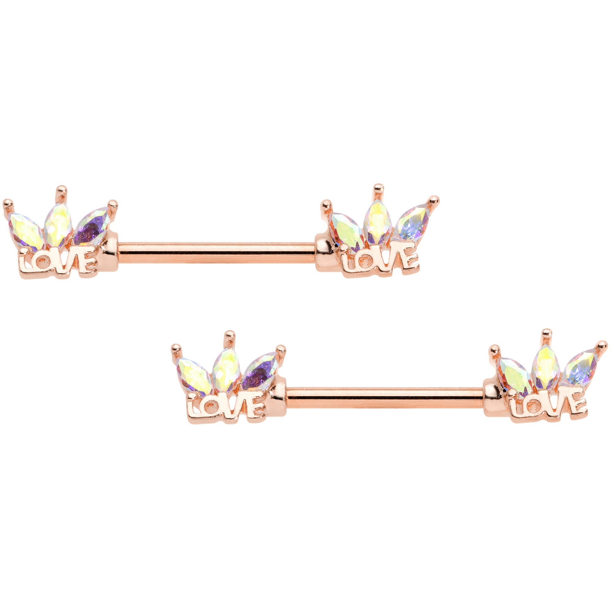 14G 9/16 Aurora Gem Rose Gold Tone Love Crown Barbell Nipple Ring Set