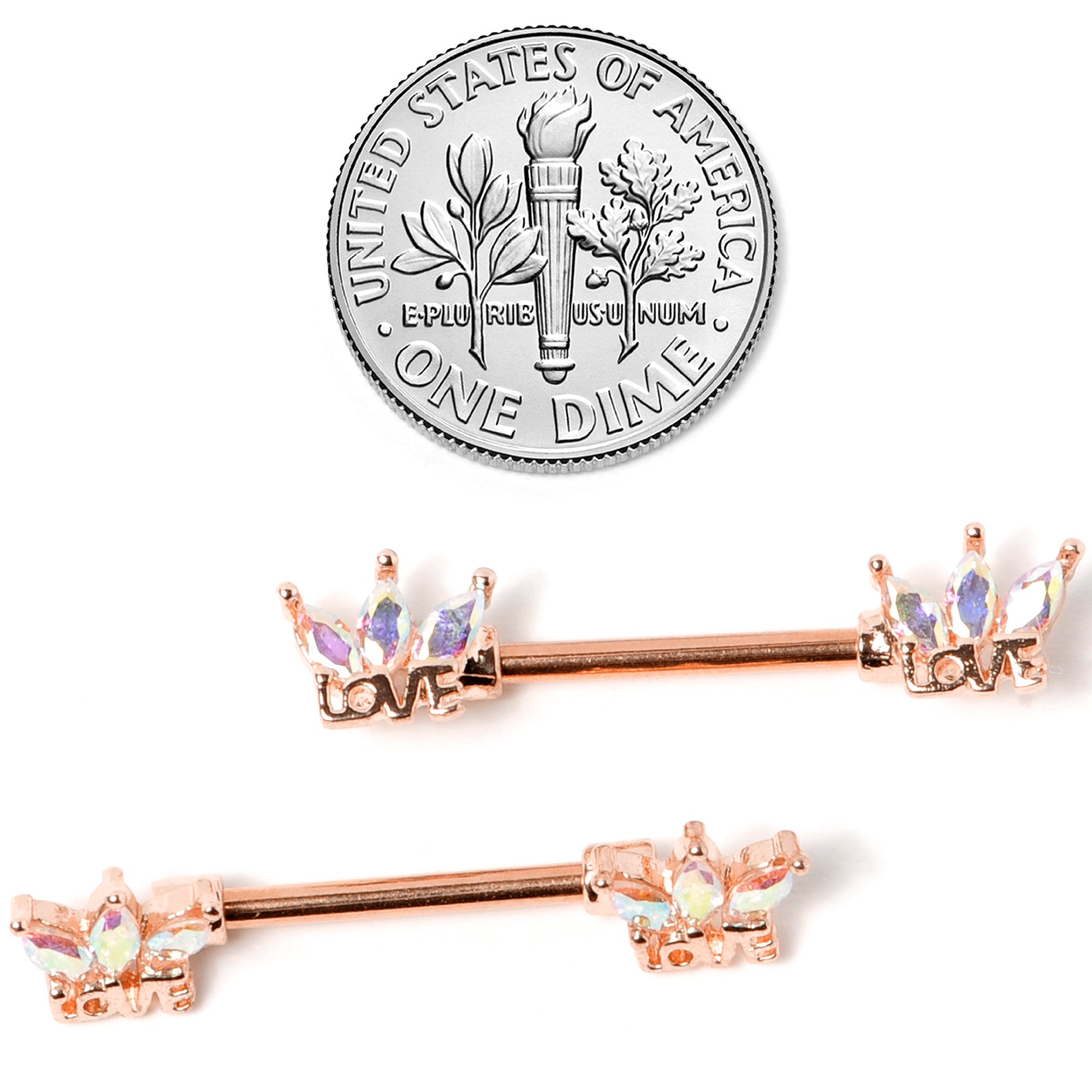 14G 9/16 Aurora Gem Rose Gold Tone Love Crown Barbell Nipple Ring Set