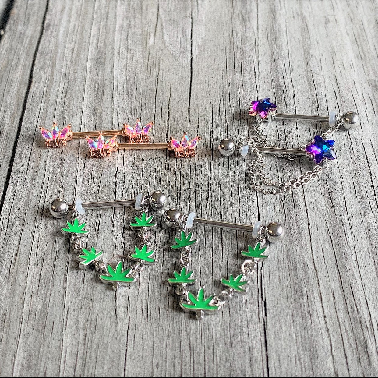 14G 5/8 Blue Purple Gem Star Chain Dangle Barbell Nipple Ring Set