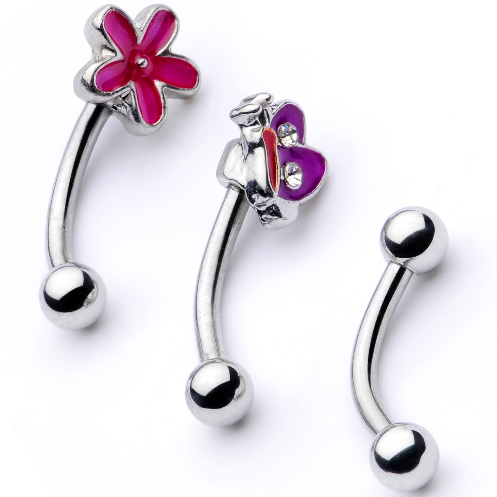 16G 5/16 Clear Gem Purple Butterfly Curved Eyebrow Ring Set of 3