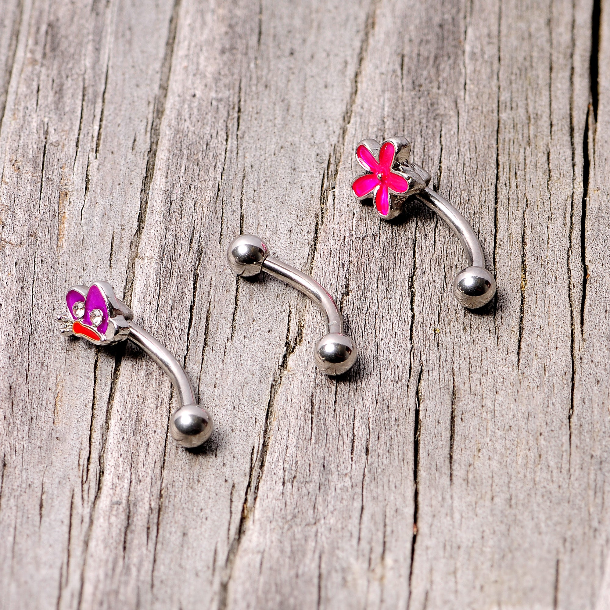 16G 5/16 Clear Gem Purple Butterfly Curved Eyebrow Ring Set of 3