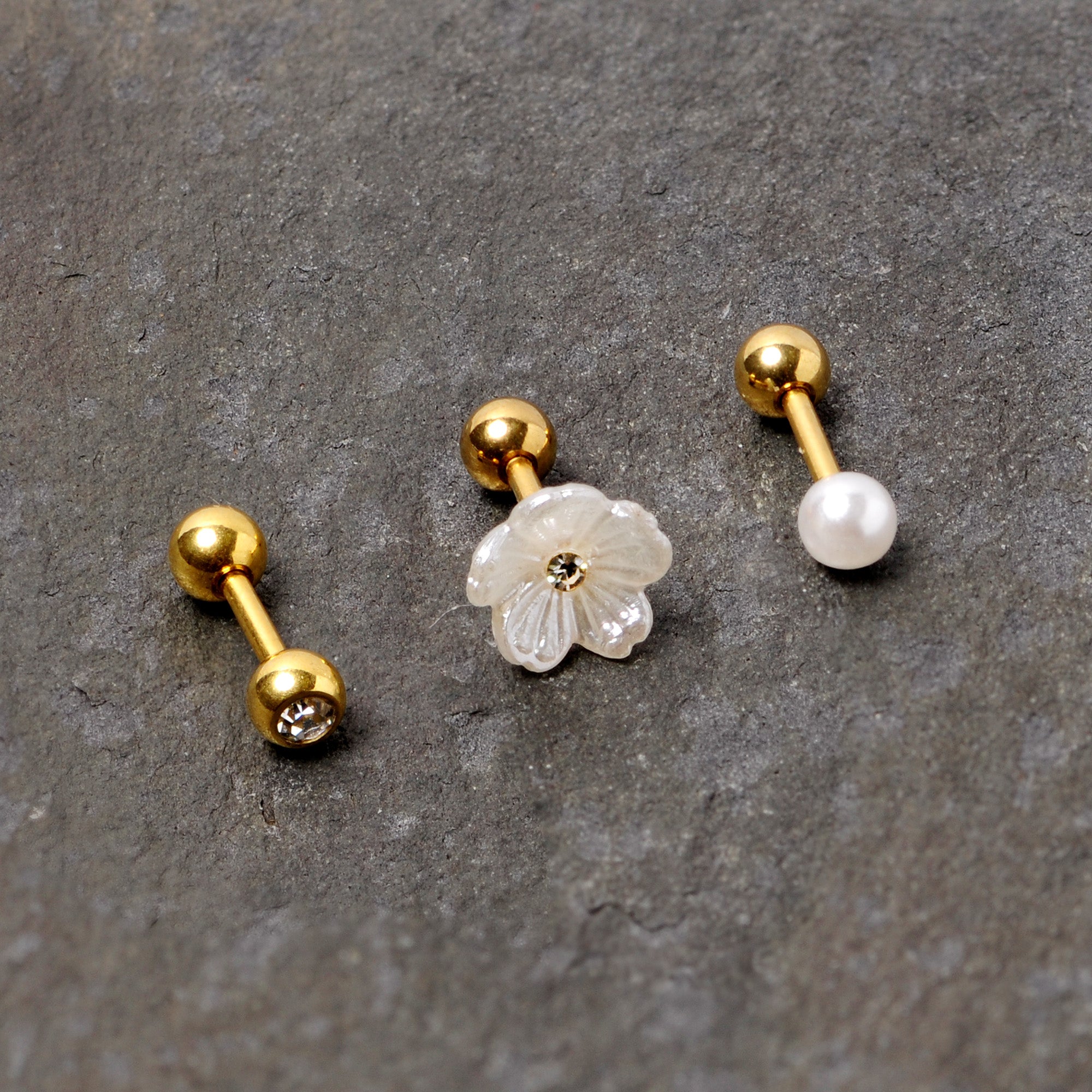 16G 1/4 Faux Pearl Gold Tone Flower Cartilage Tragus Set of 3
