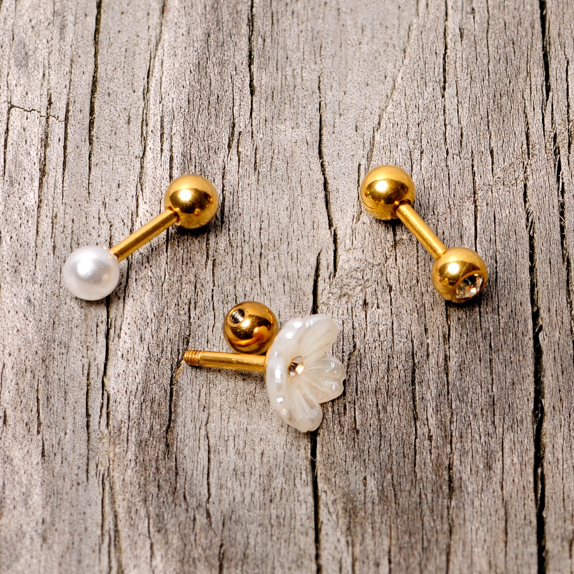 16G 1/4 Faux Pearl Gold Tone Flower Cartilage Tragus Set of 3