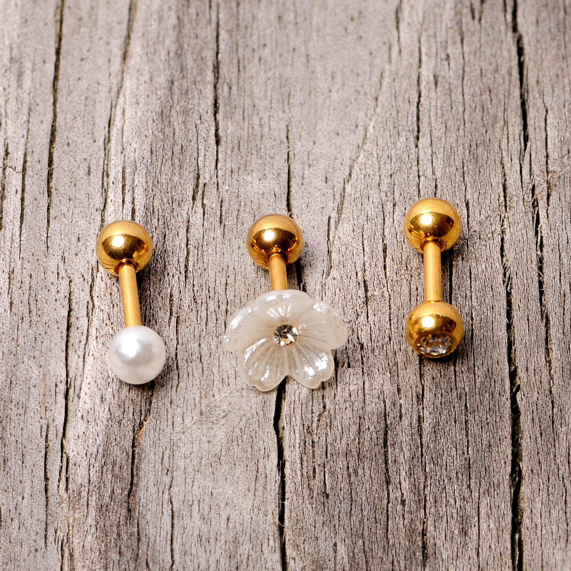 16G 1/4 Faux Pearl Gold Tone Flower Cartilage Tragus Set of 3