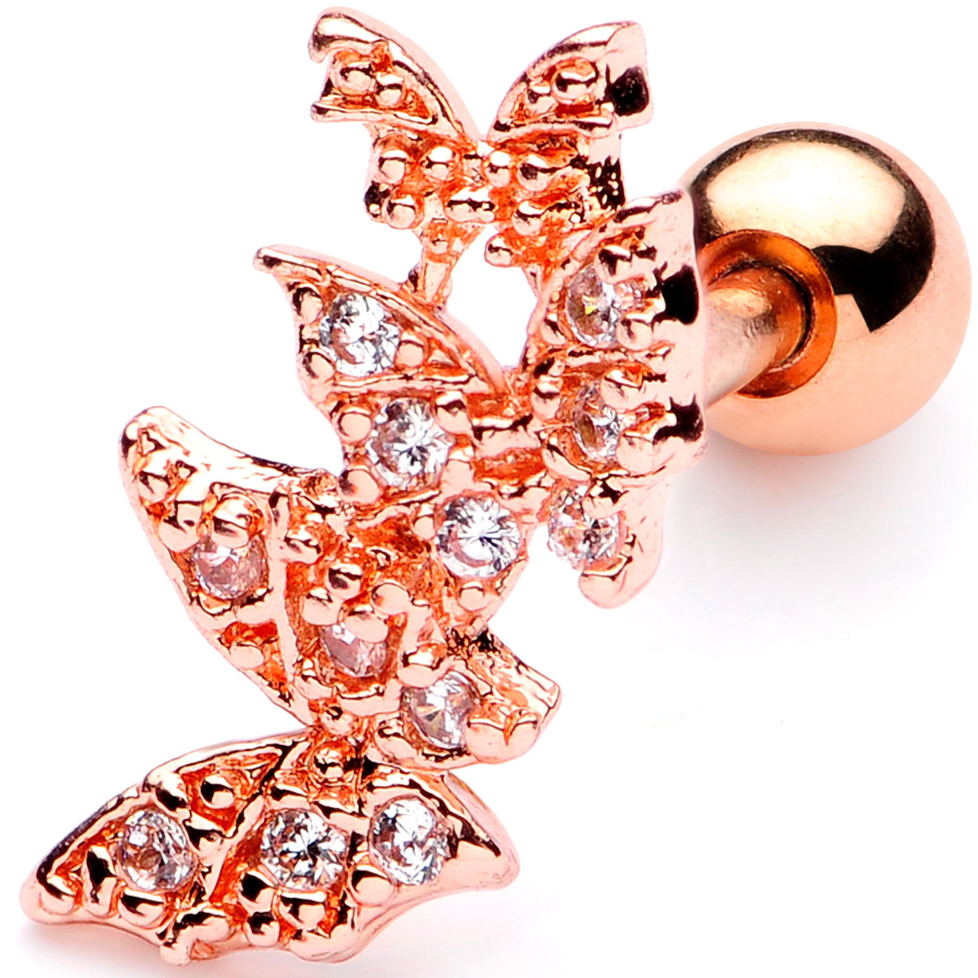 16G 1/4 Clear CZ Gem Rose Gold Tone Butterfly Trio Cartilage Tragus
