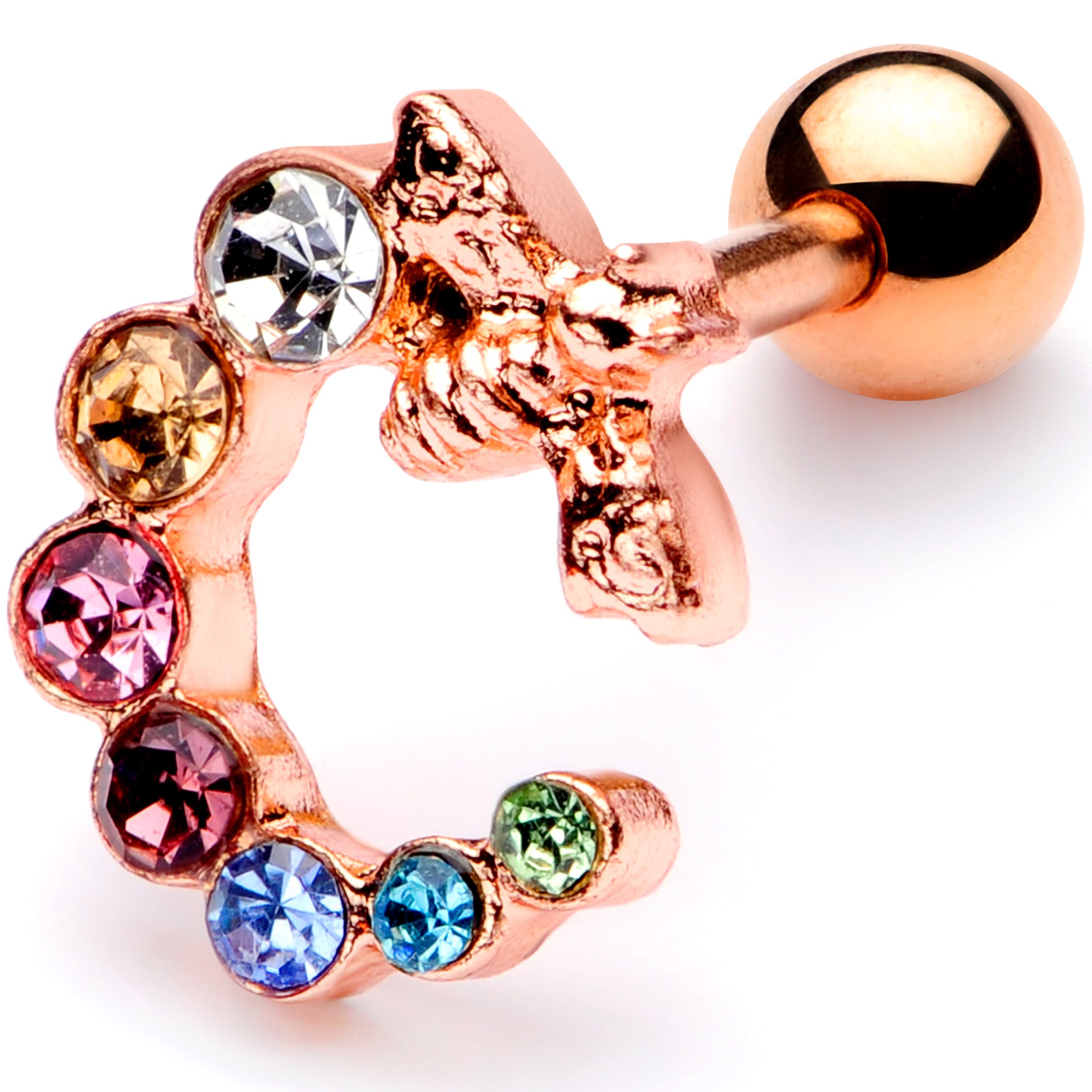 16G 1/4 Multicolor Gem Rose Gold Tone Bee Cartilage Tragus Earring