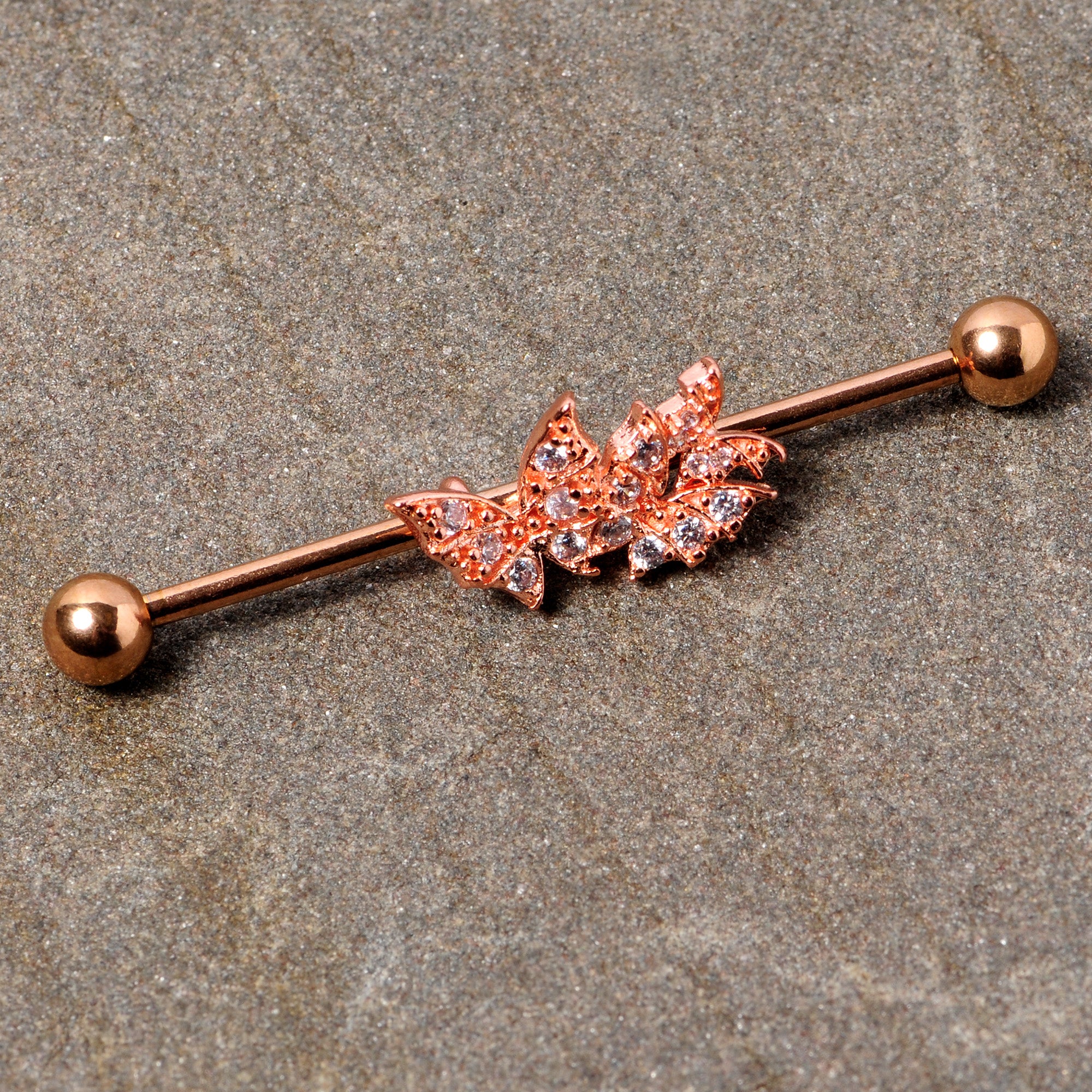 14G Clear CZ Gem Rose Gold Tone Butterflies Industrial Barbell 38mm
