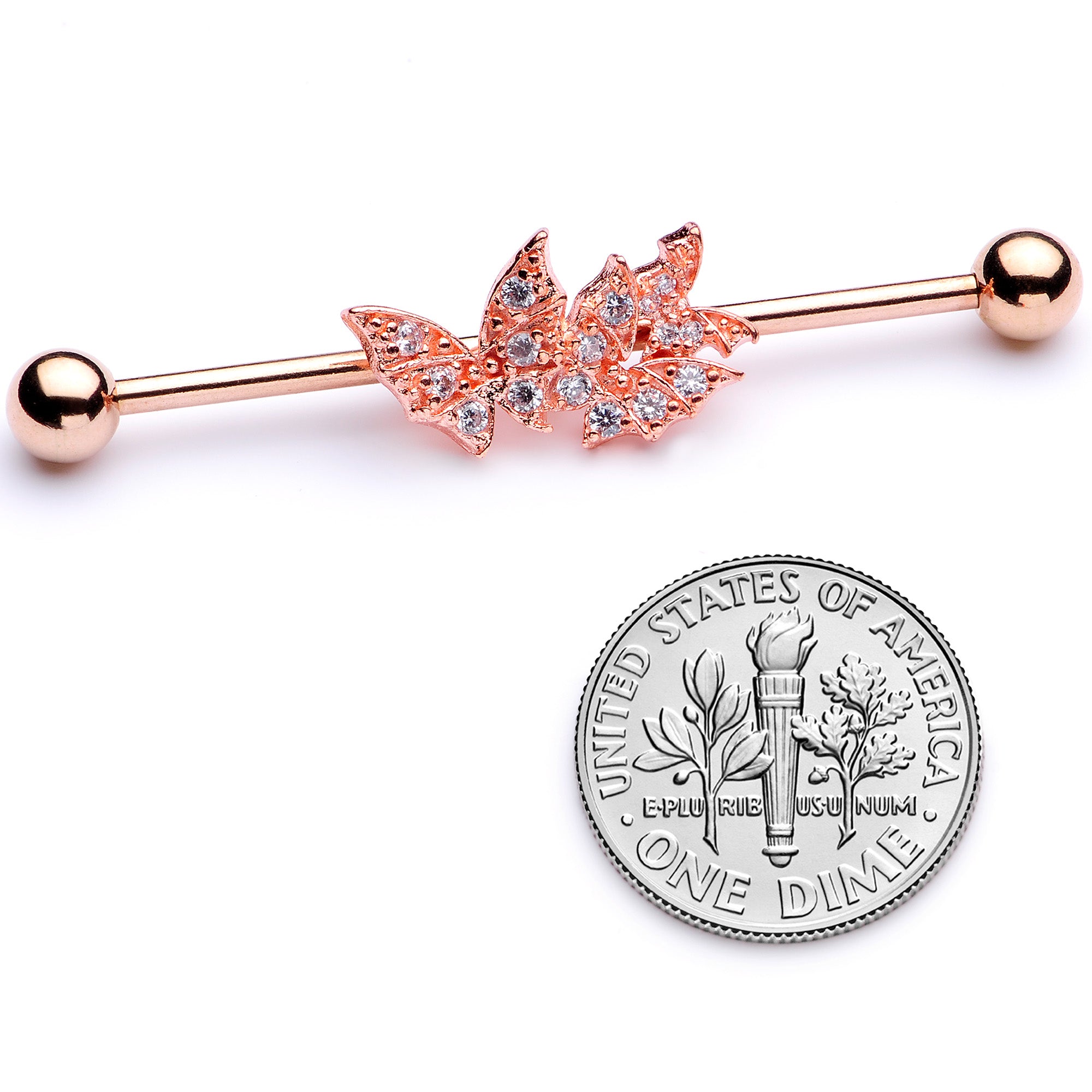 14G Clear CZ Gem Rose Gold Tone Butterflies Industrial Barbell 38mm