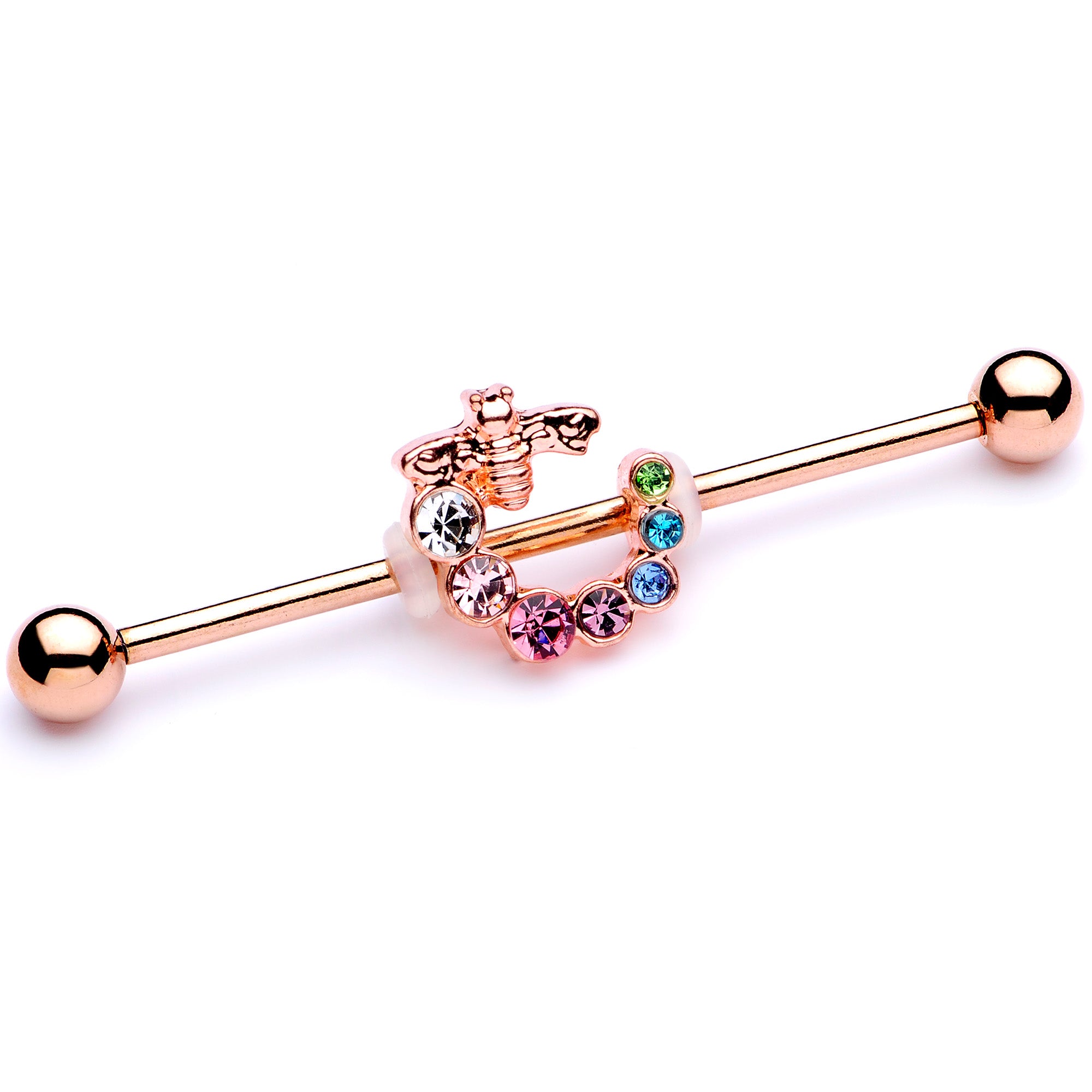 14G Multicolor Gem Rose Gold Tone Bee Industrial Barbell 38mm