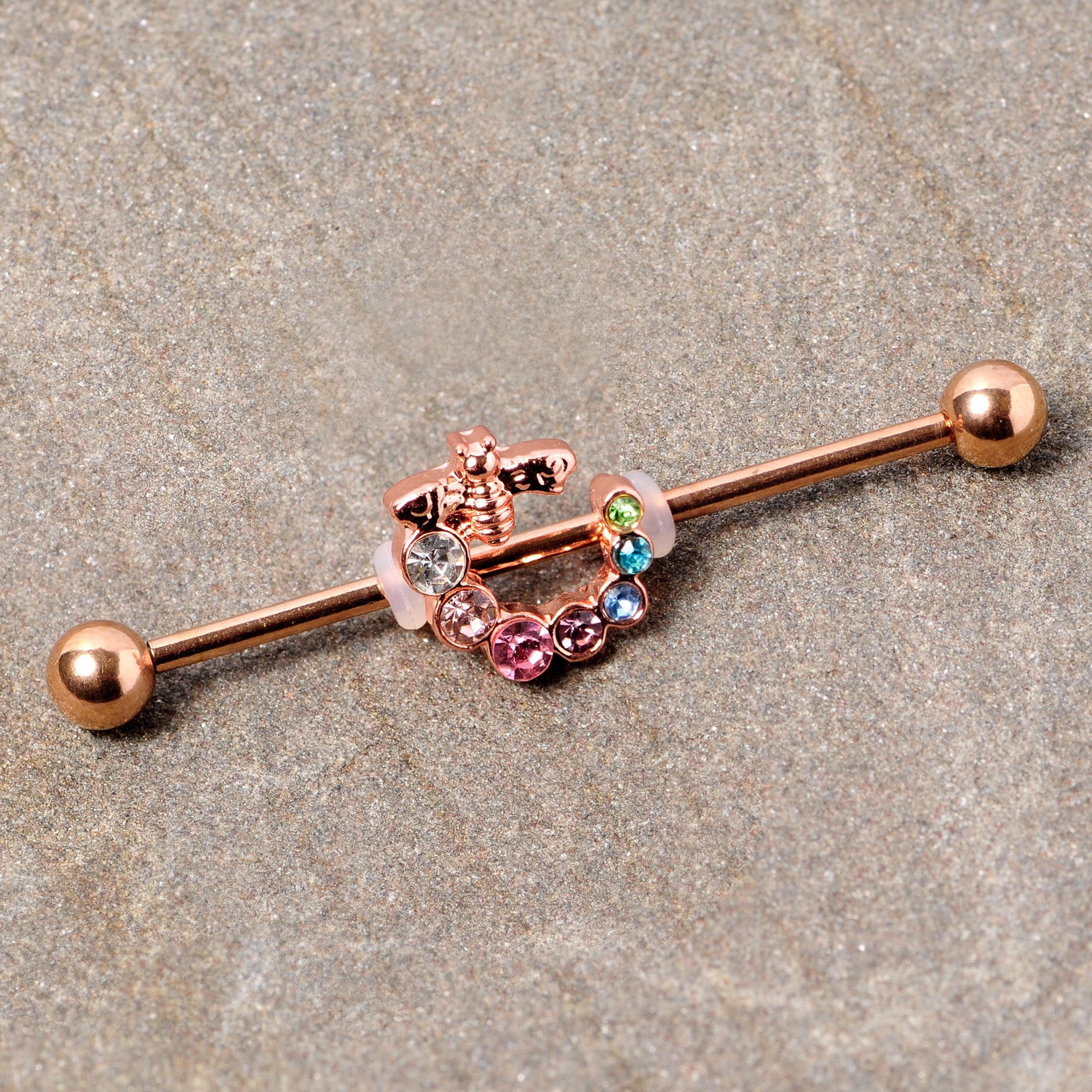 14G Multicolor Gem Rose Gold Tone Bee Industrial Barbell 38mm
