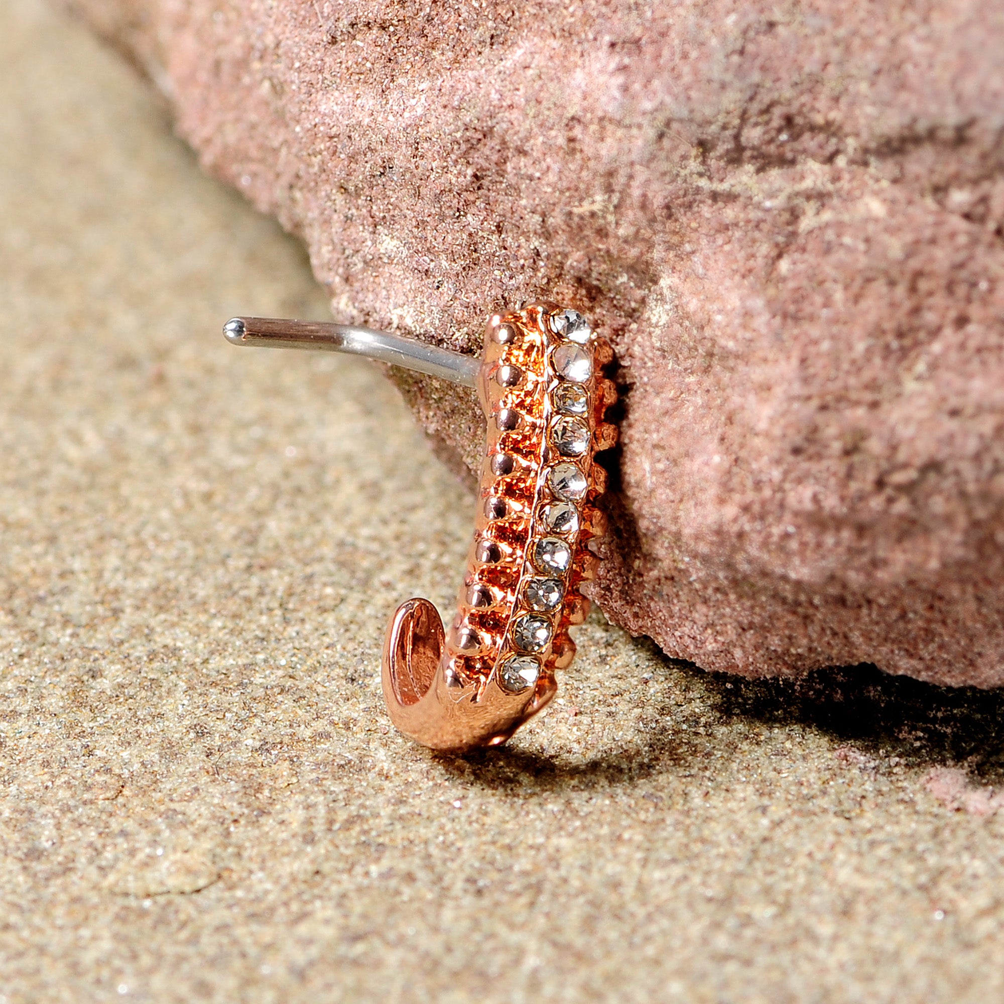 20G 5/16 Rose Gold Tone Texture Faux Hoop L Shaped Nose Ring